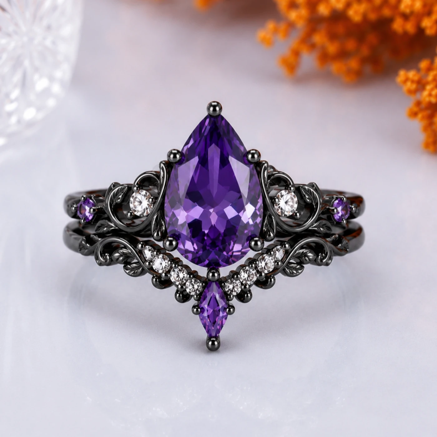 Botanical 1.5CT Pear Amethyst 2pcs Bridal Ring Set Leaf Design Engagement Ring Set