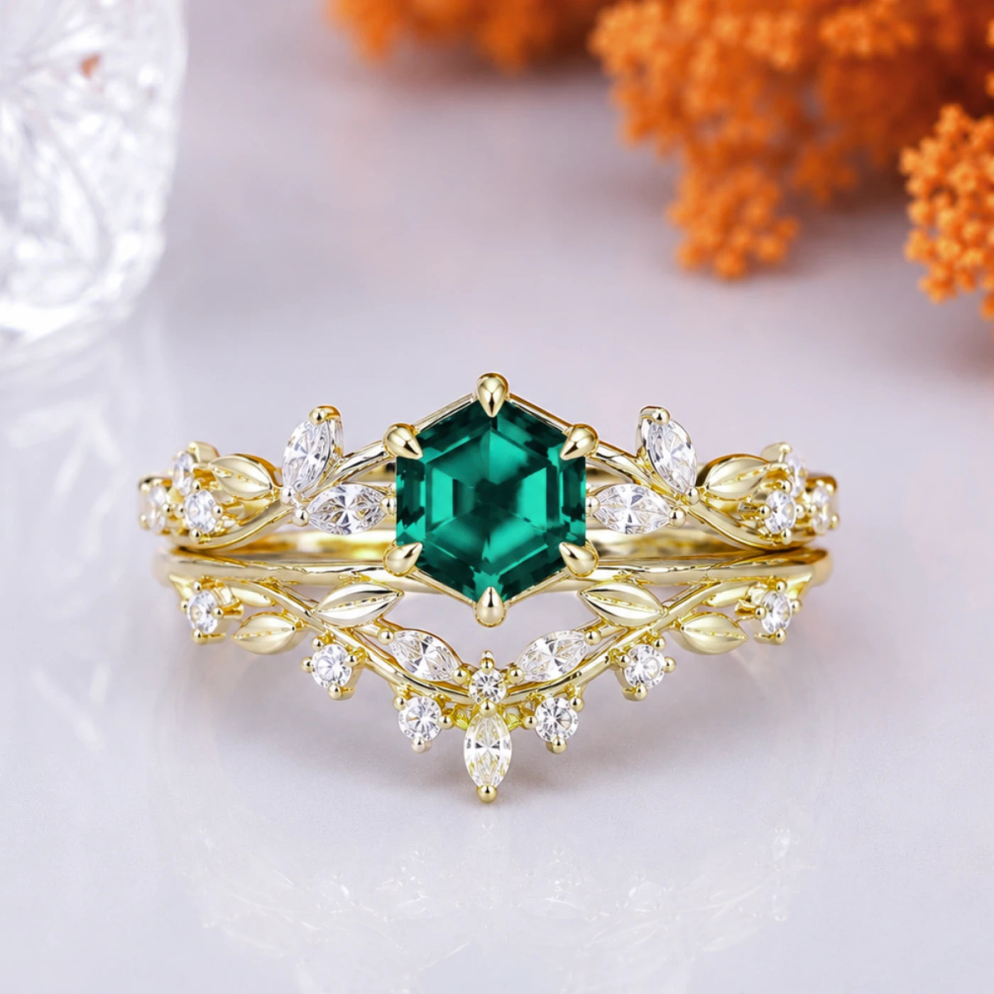 Vine Sprig Hexagon Cut Emerald Engagement Ring Set 2pcs