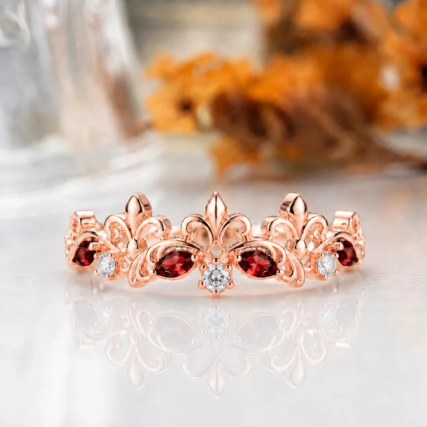 Oval Cut Red Garnet Crown Statement Ring, 14K Rose Gold