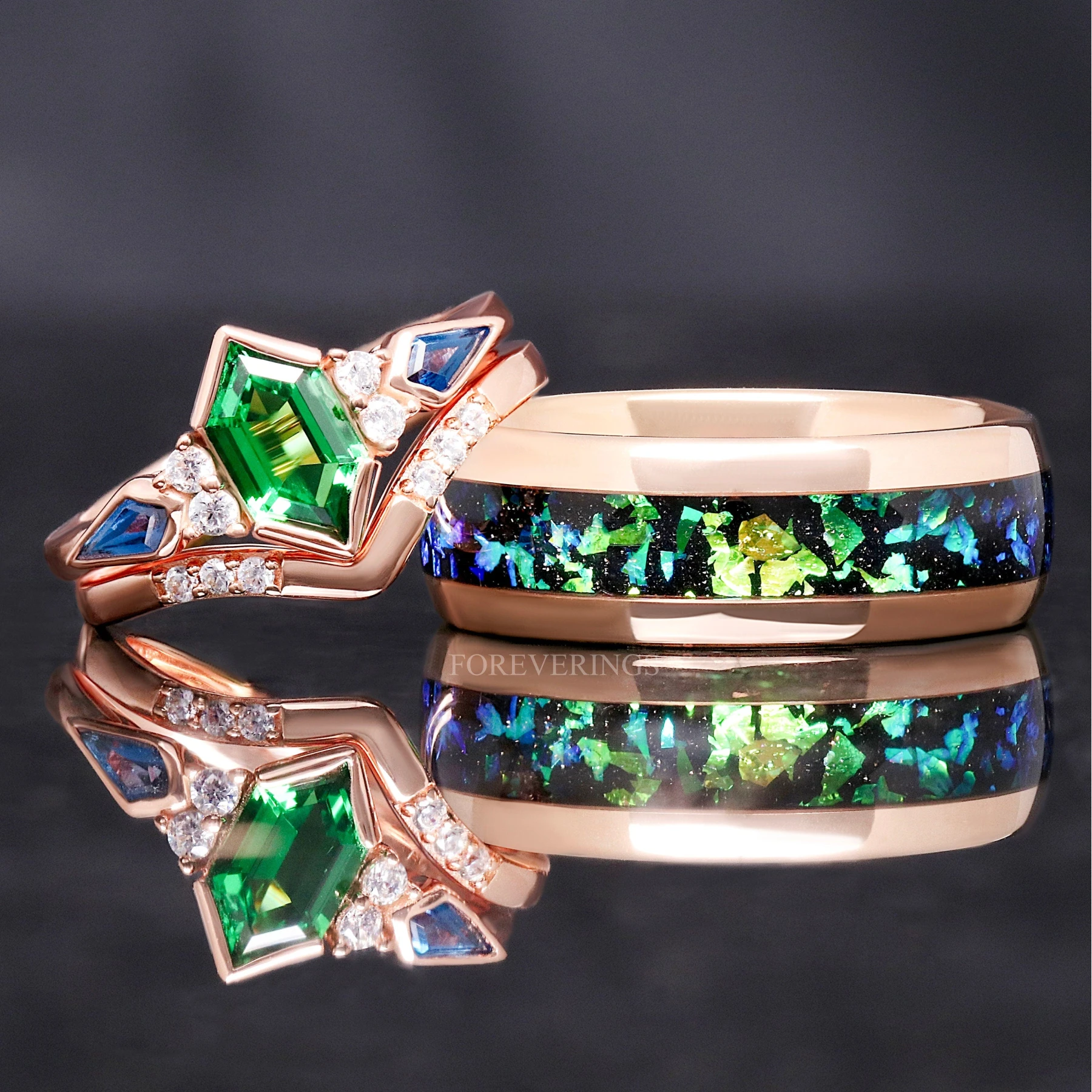Rosette Nebula Galaxy Ring Set, Unique His and Her Ring, Engagement Ring Set