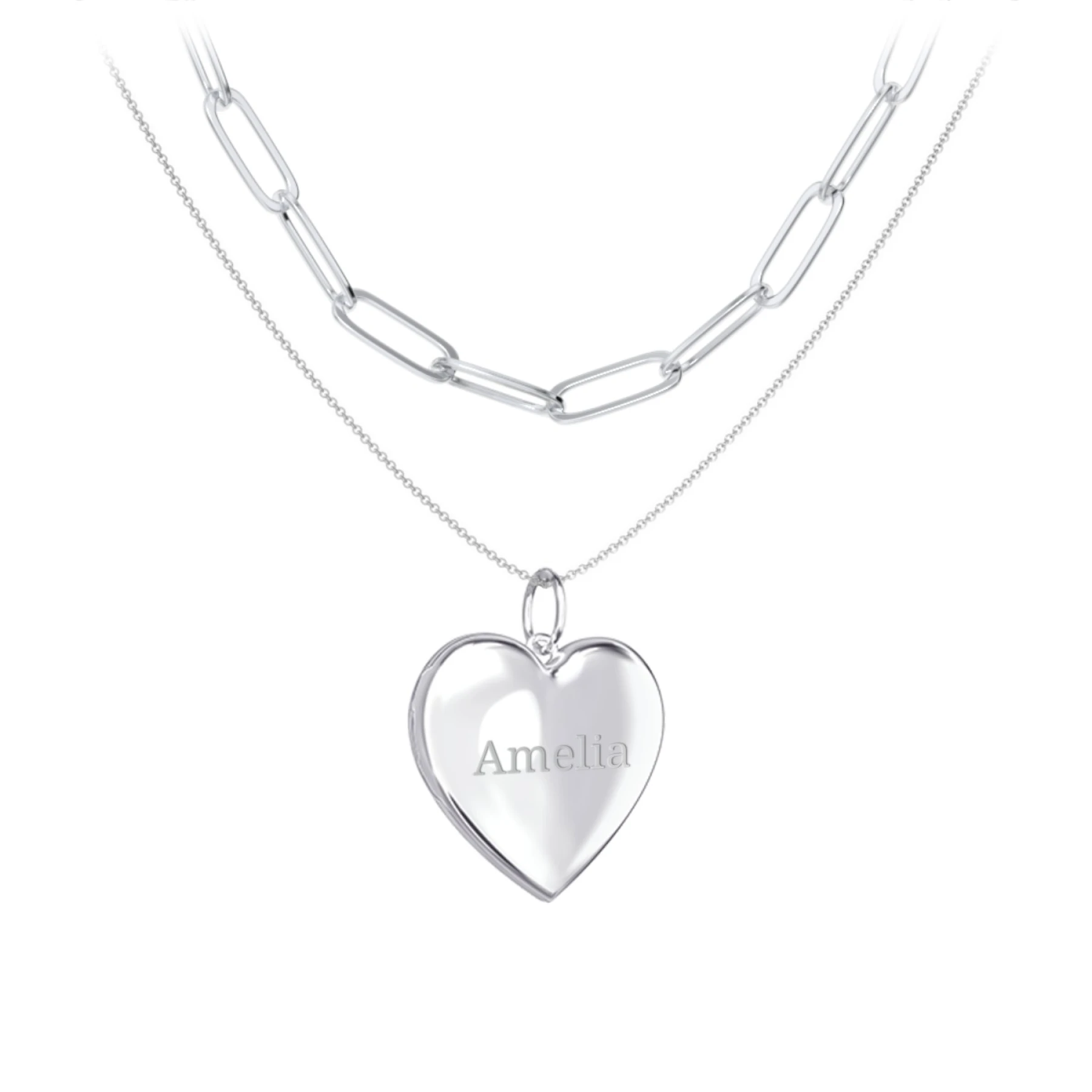 Engravable Heart Locket Necklace Layering Set with Paper Clip Chain