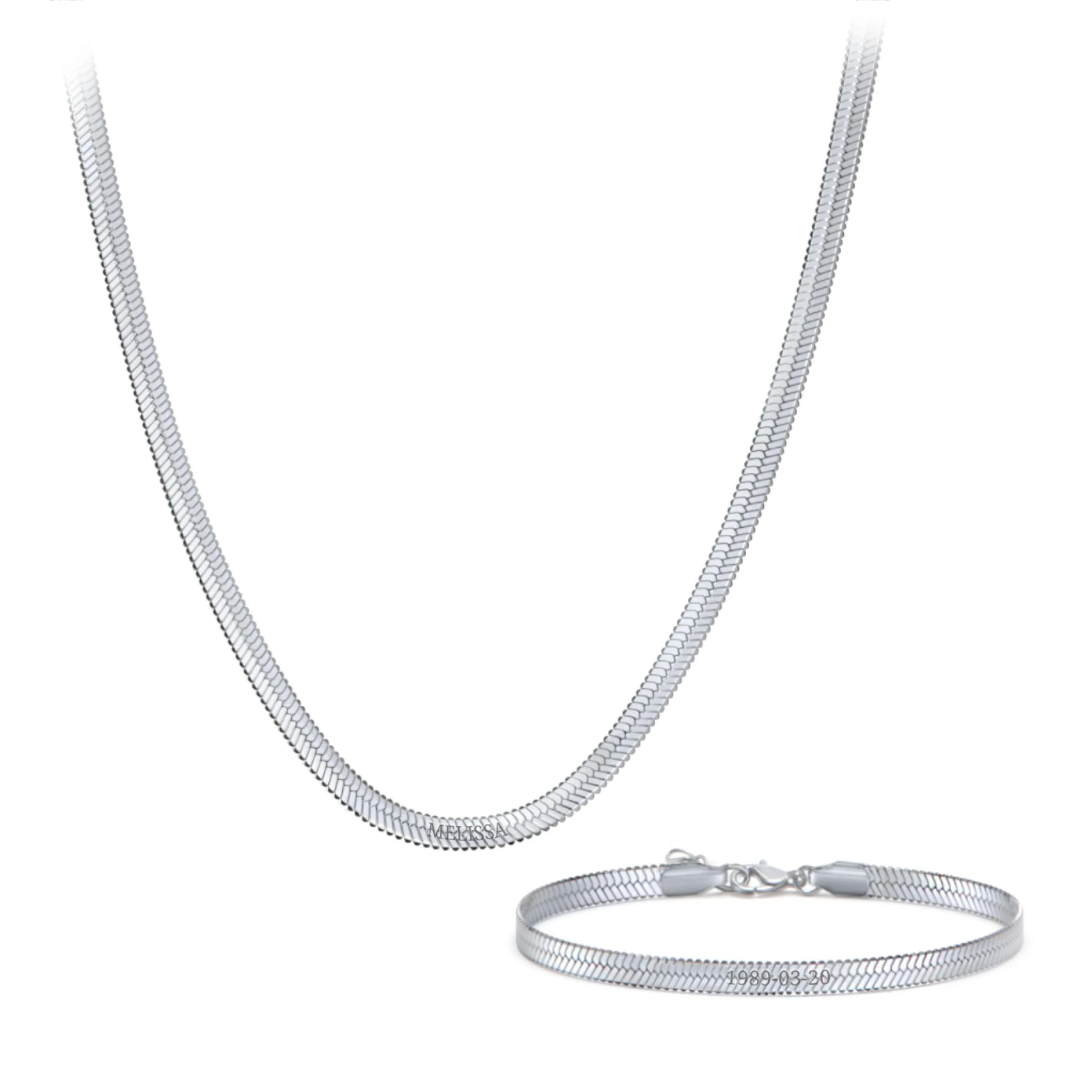 Engravable Herringbone Chain and Bracelet Set in Stainless Steel
