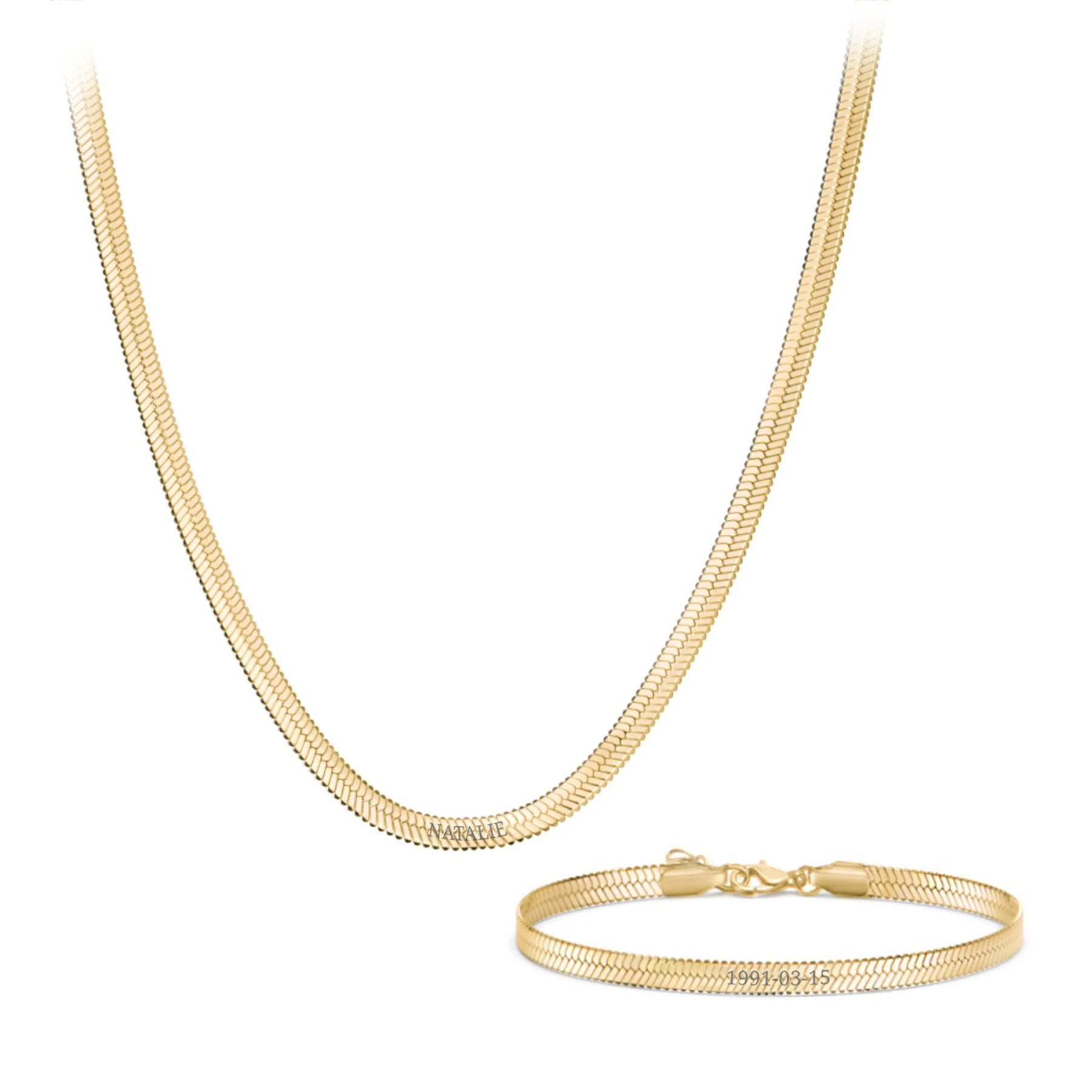Engravable Herringbone Chain and Bracelet Set in Yellow Ion-Plated Steel - view 1