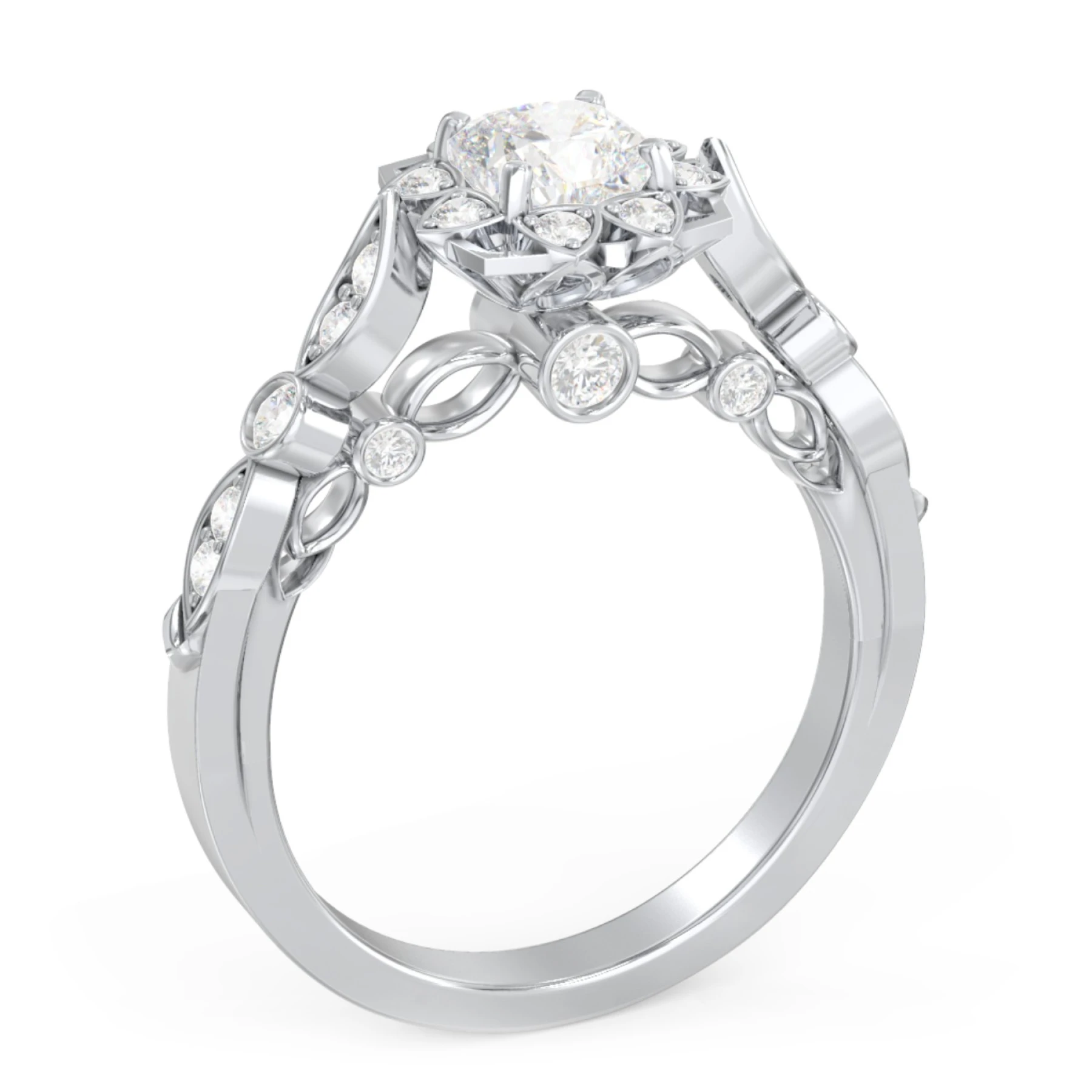 Vintage Solitaire Diamond Engagement Ring with Accents and Floral Setting - "The Audrey" - view 1