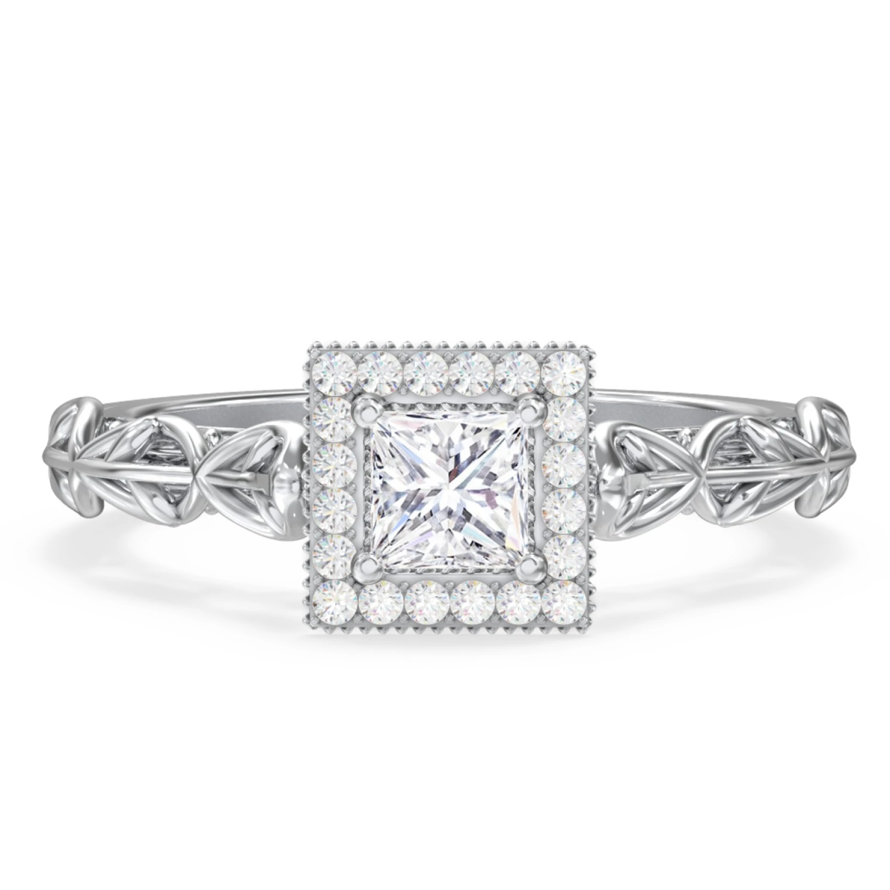 Diamond Halo Engagement Ring with Leaf and Vine Details - "The Ava" - view 1