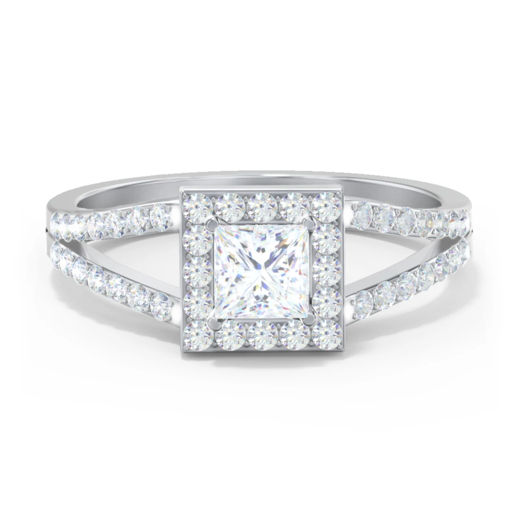 Diamond Halo Engagement Ring with Split Shank and Accents - view 1