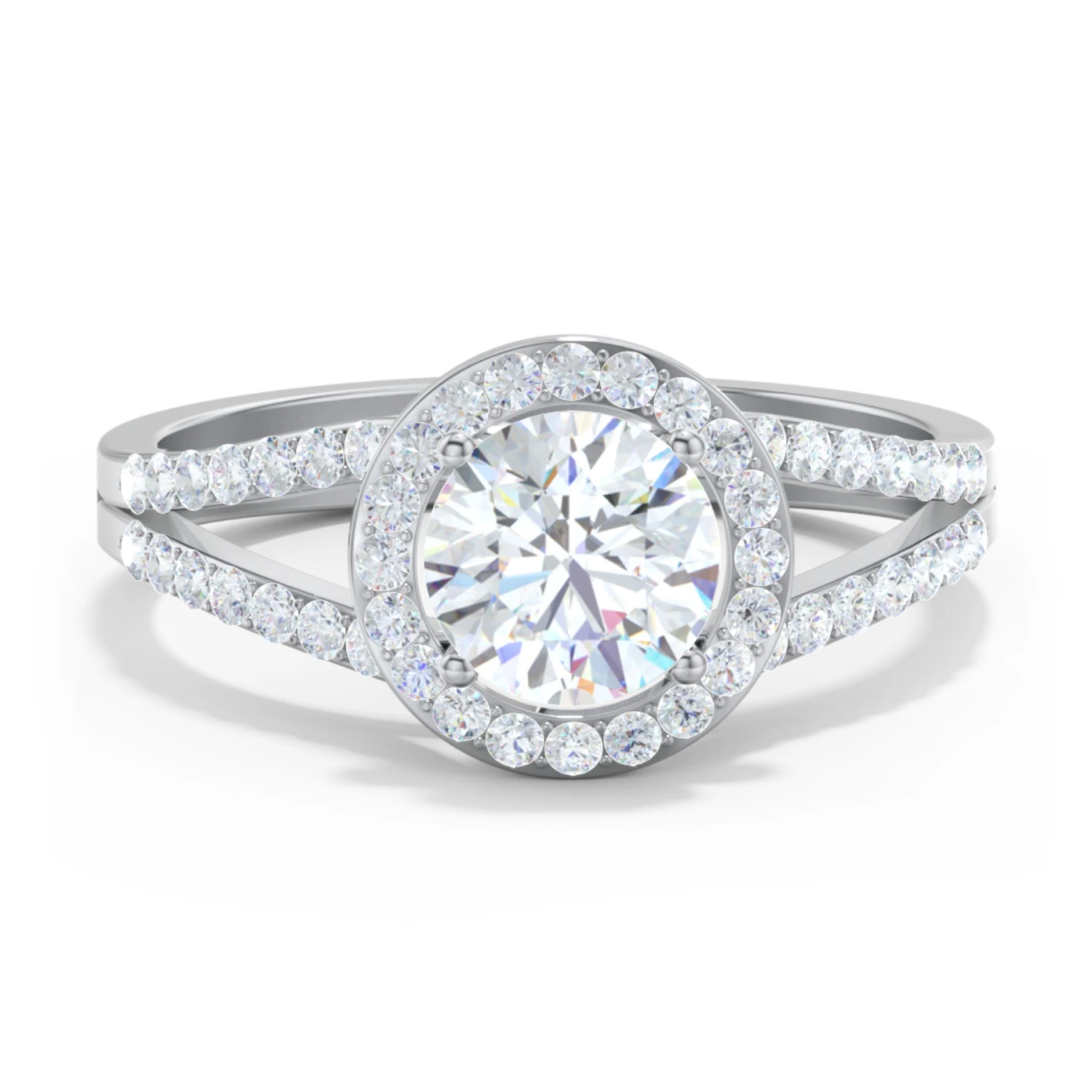 Diamond Halo Engagement Ring with Split Shank and Accents - view 1