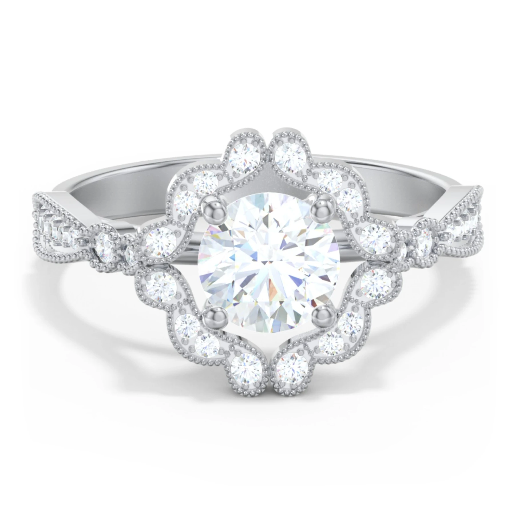 Vintage Solitaire Engagement Ring with Scalloped Halo and Leaf Band - view 1
