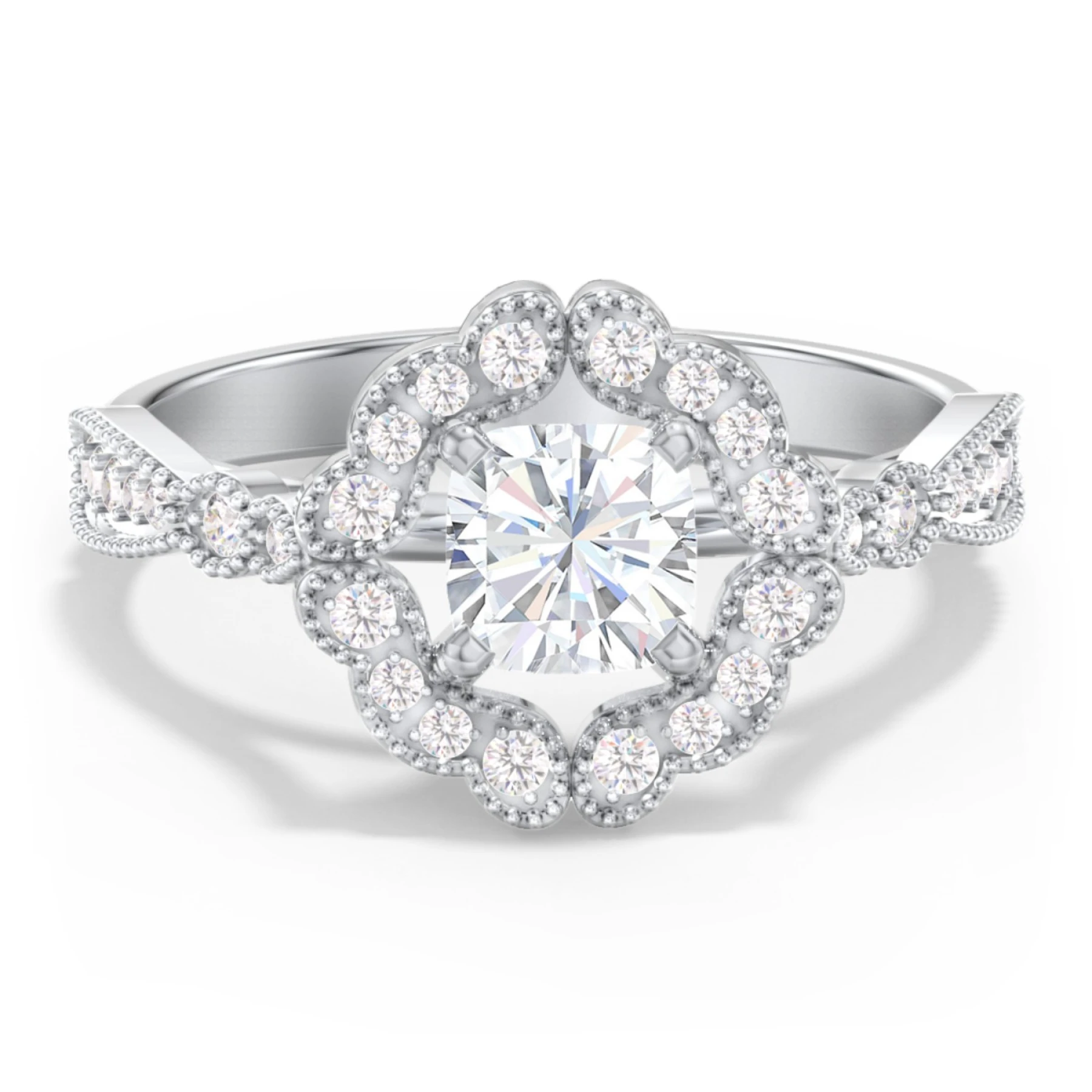 Vintage Solitaire Engagement Ring with Scalloped Halo and Leaf Band - view 1