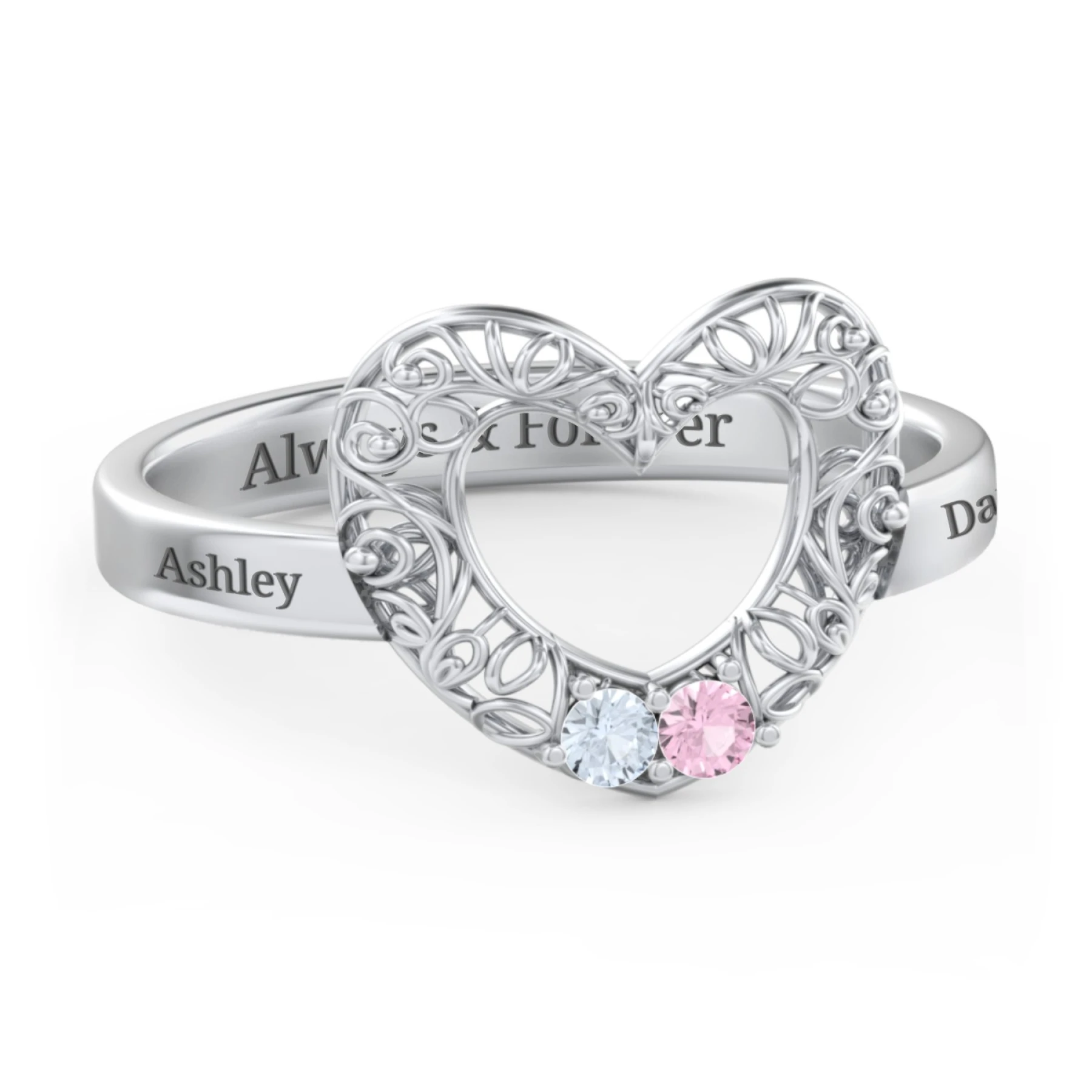 Filigree Heart Ring with Birthstones - view 1