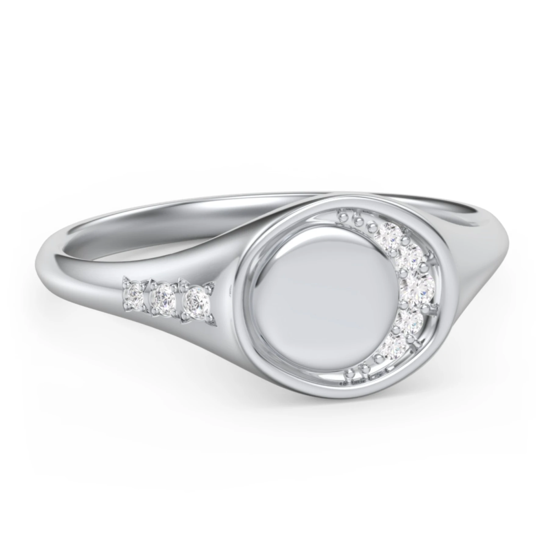Engravable Crescent Moon and Stars Signet Ring with Accents - view 1