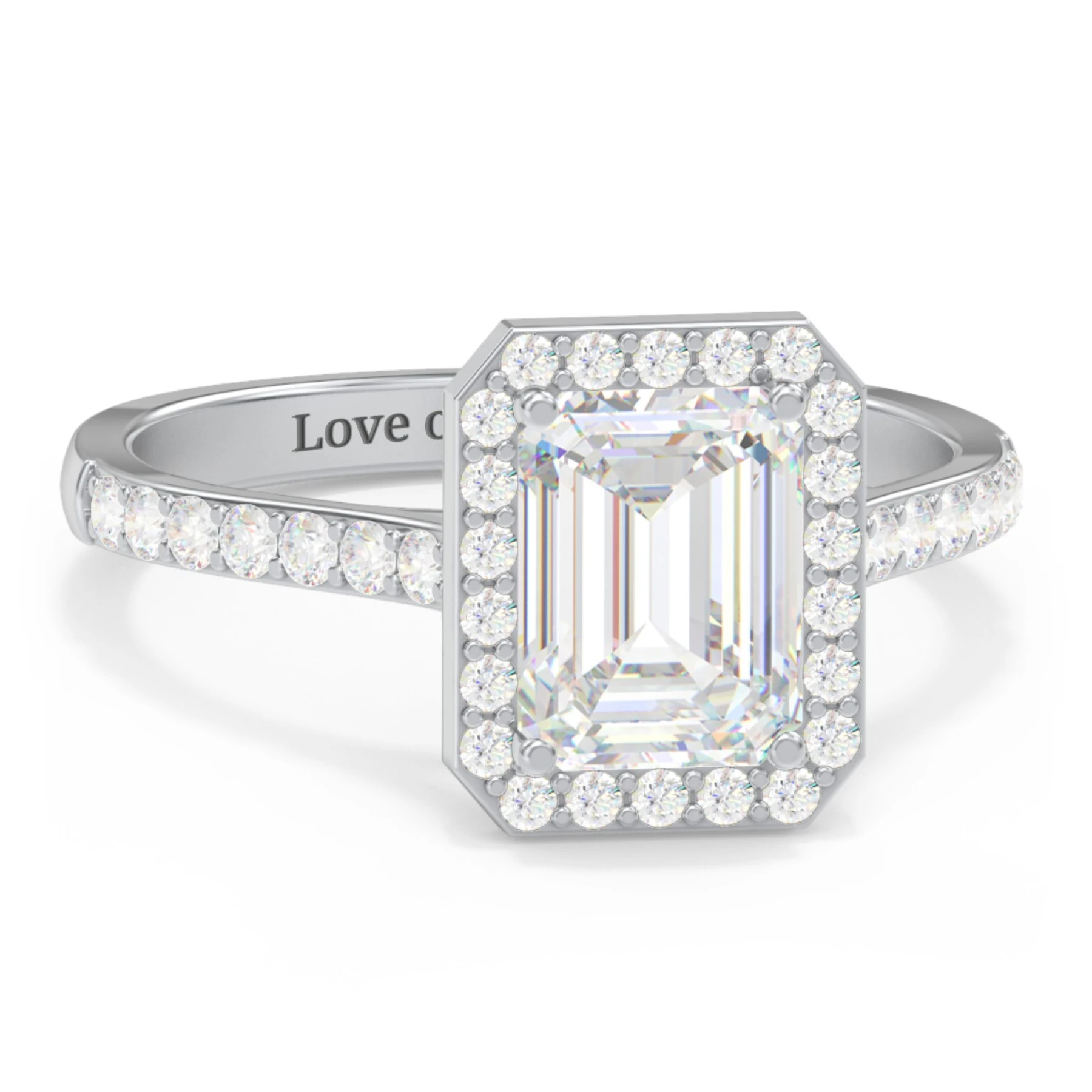 2 ct. (8x6mm) Emerald-Cut Moissanite Halo Engagement Ring with Side Stones