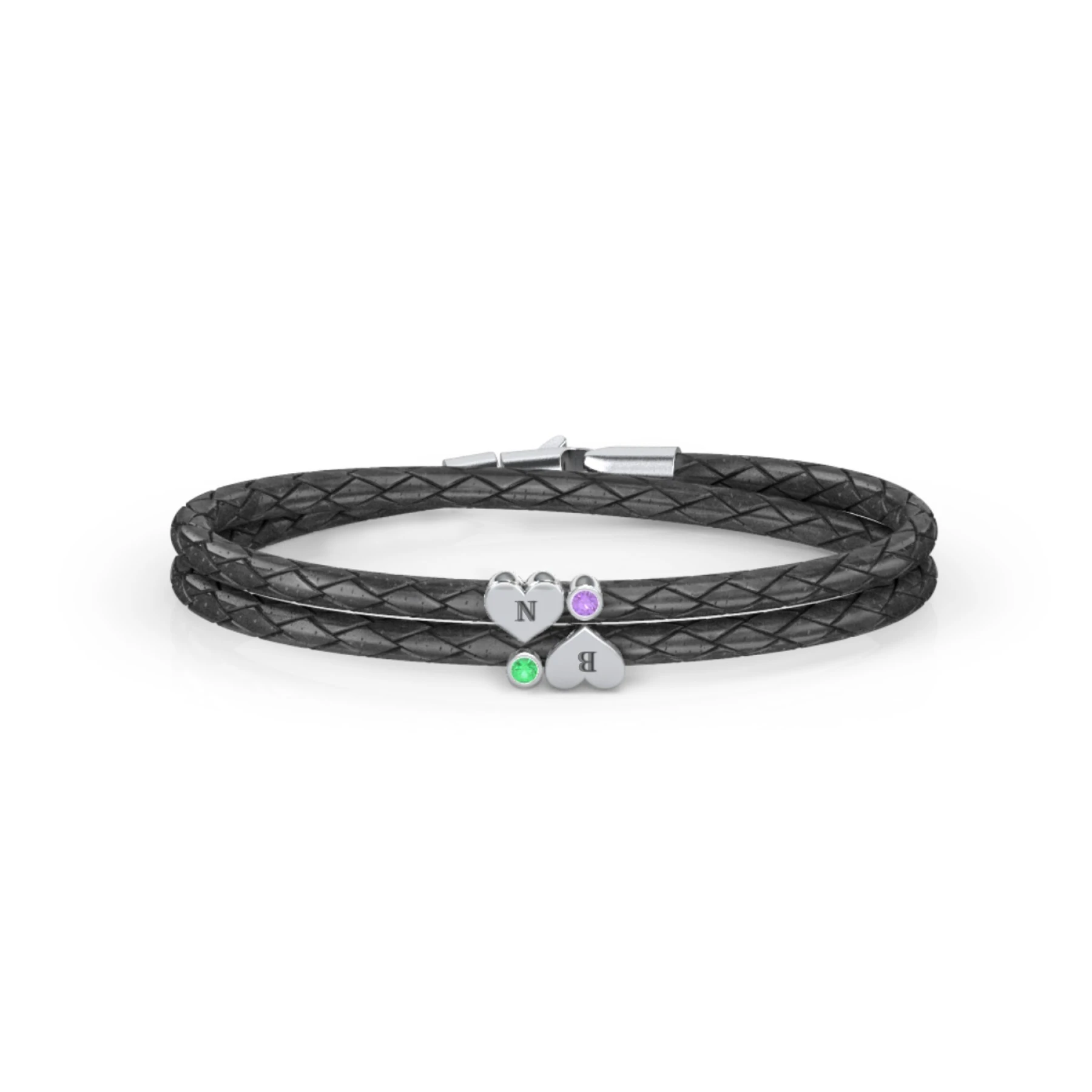 Engravable Sterling Silver Heart & Gemstone Leather Bracelet - 2 - view 1