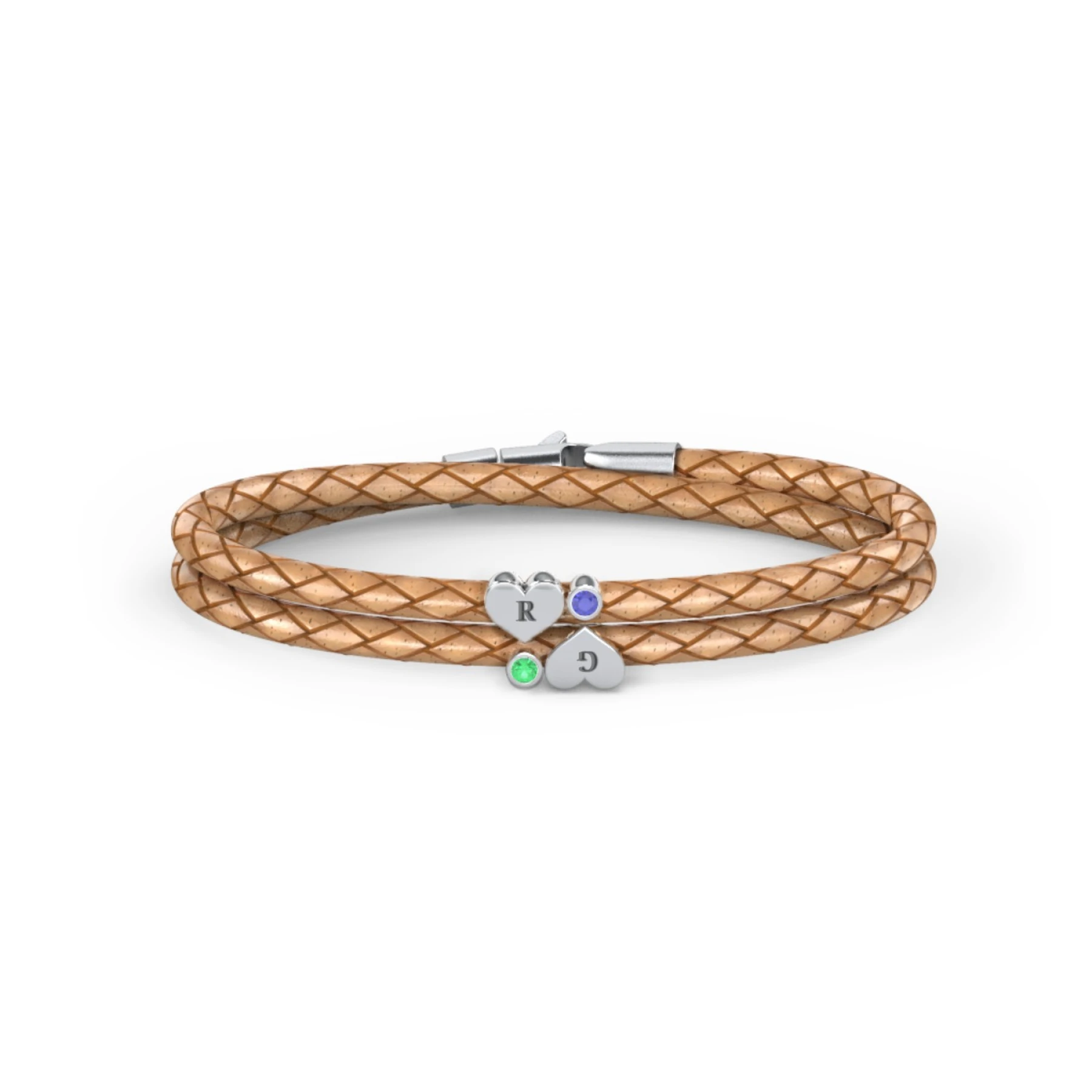 Engravable Sterling Silver Heart & Gemstone Leather Bracelet - 2 - view 1