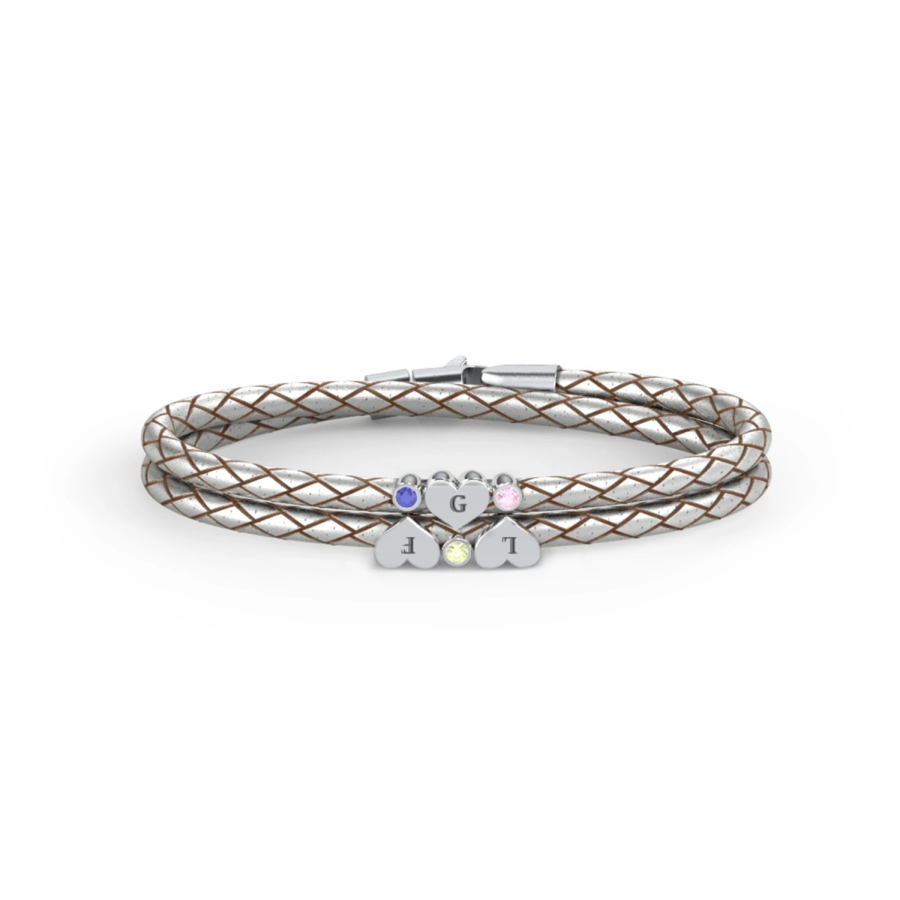 Engravable Sterling Silver Heart & Gemstone Leather Bracelet -3 - view 1