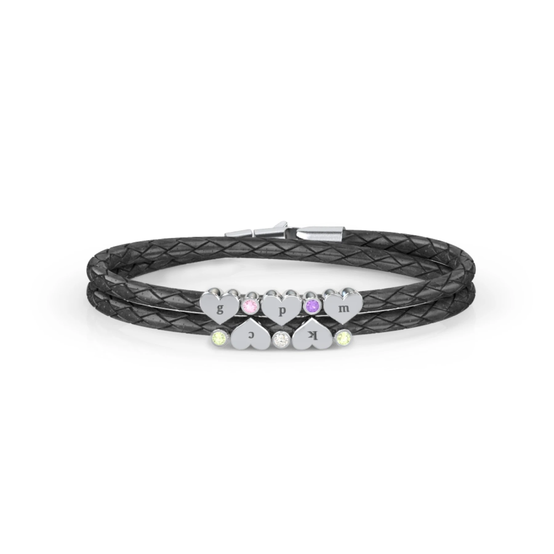 Engravable Sterling Silver Heart & Gemstone Leather Bracelet - 5 - view 1
