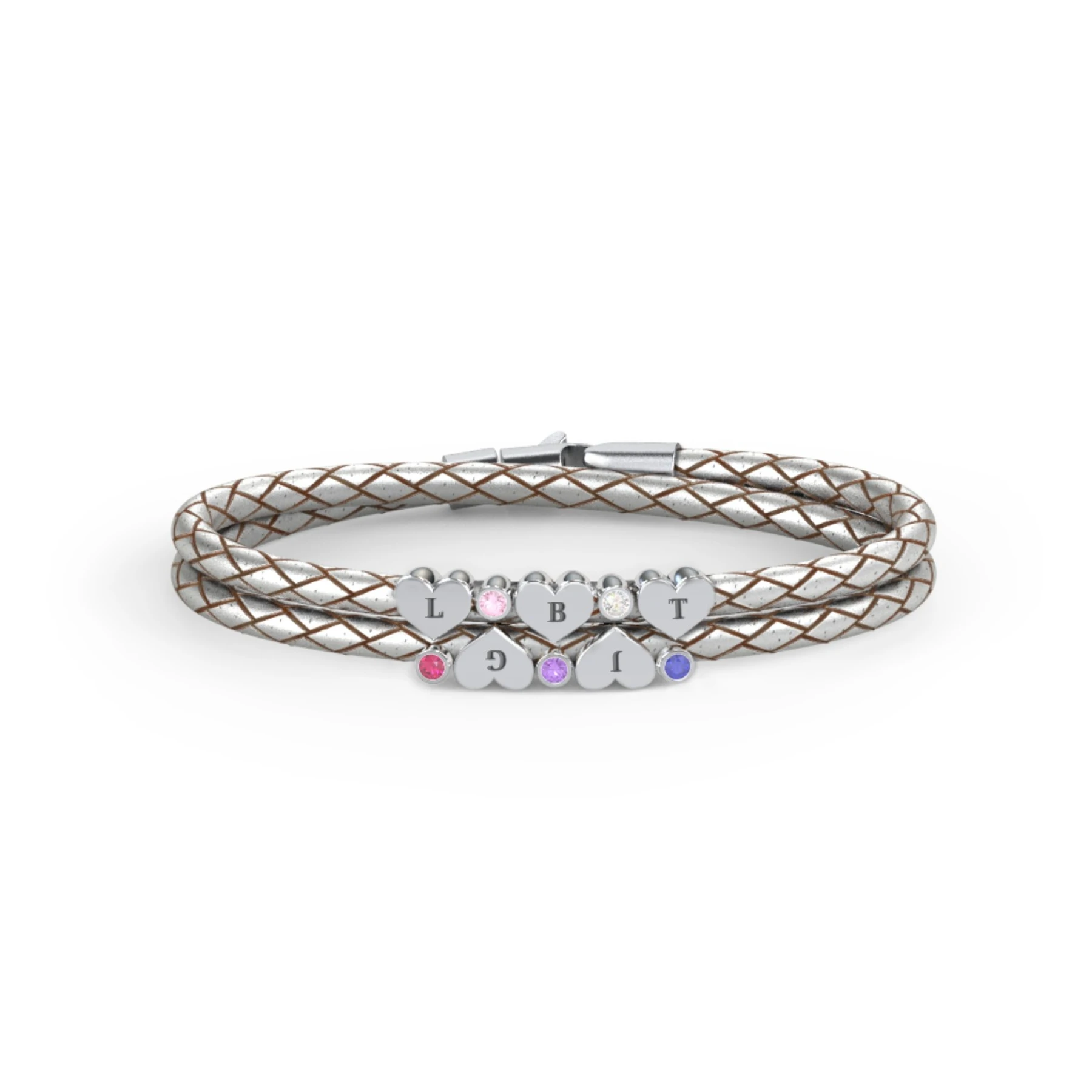 Engravable Sterling Silver Heart & Gemstone Leather Bracelet - 5 - view 1