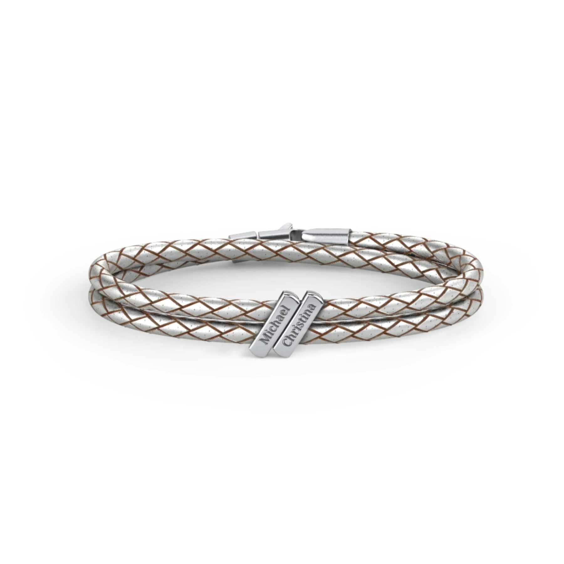 Engravable Sterling Silver Bar Leather Bracelet - 2 - view 1