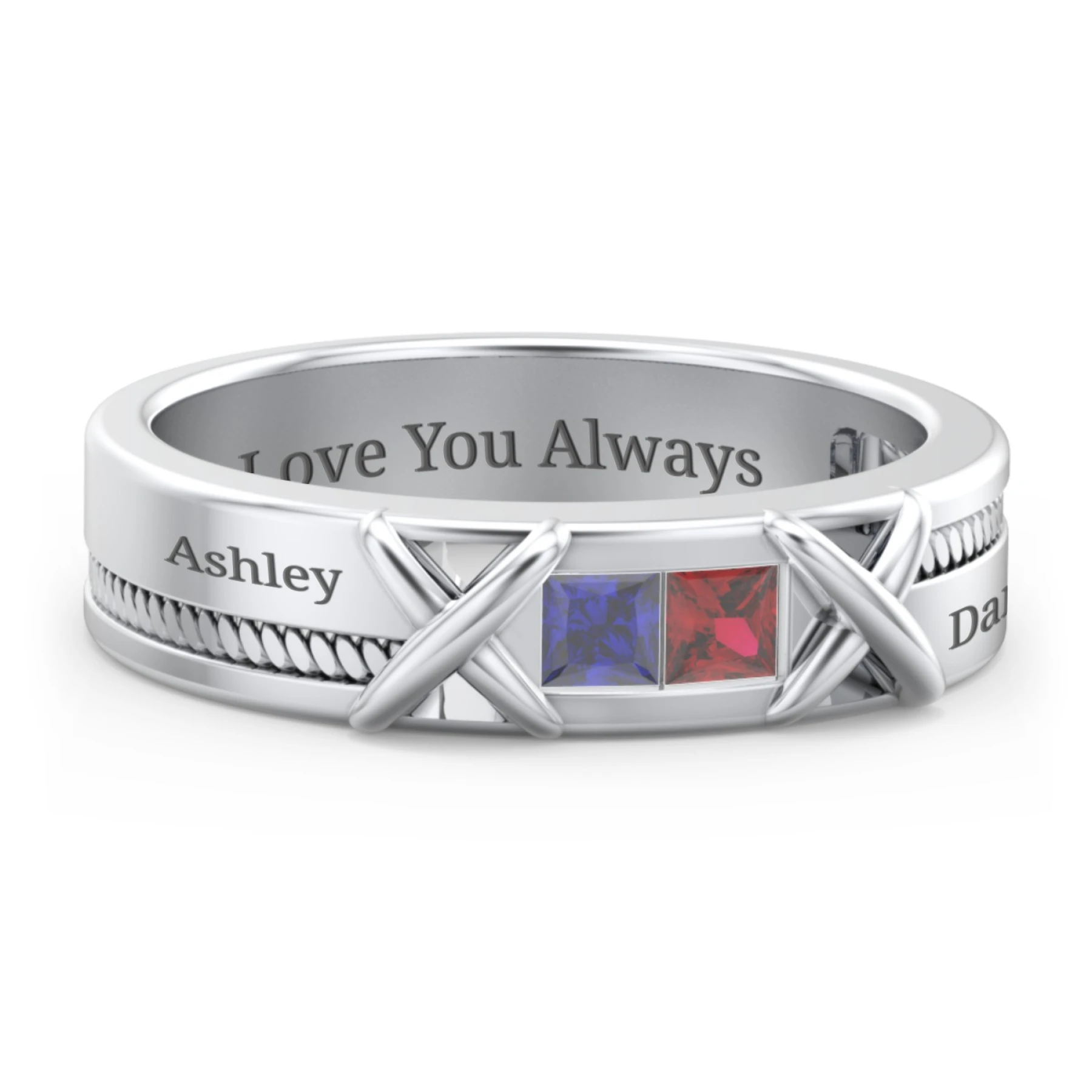 Men's 2-Stone Family Ring with “X” Stitch Detail