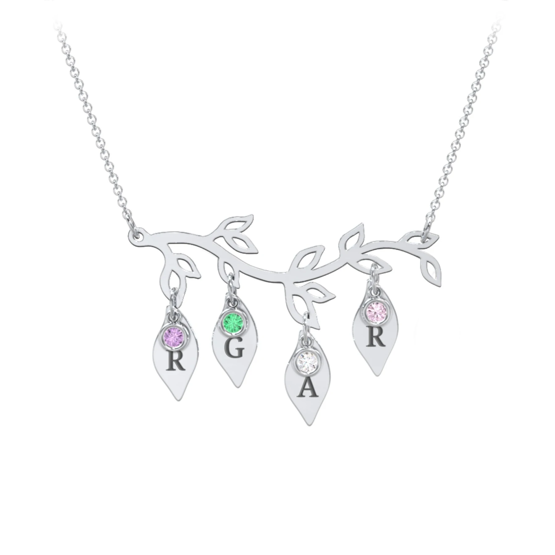 Leaf Initial Family Birthstone Necklace