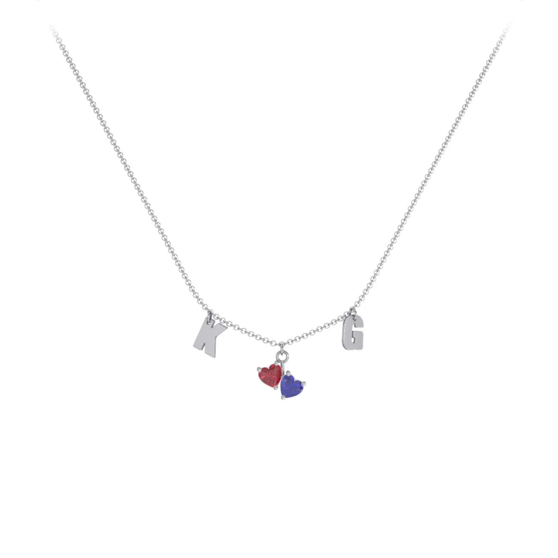 Initials Necklace with Double Heart Gemstones