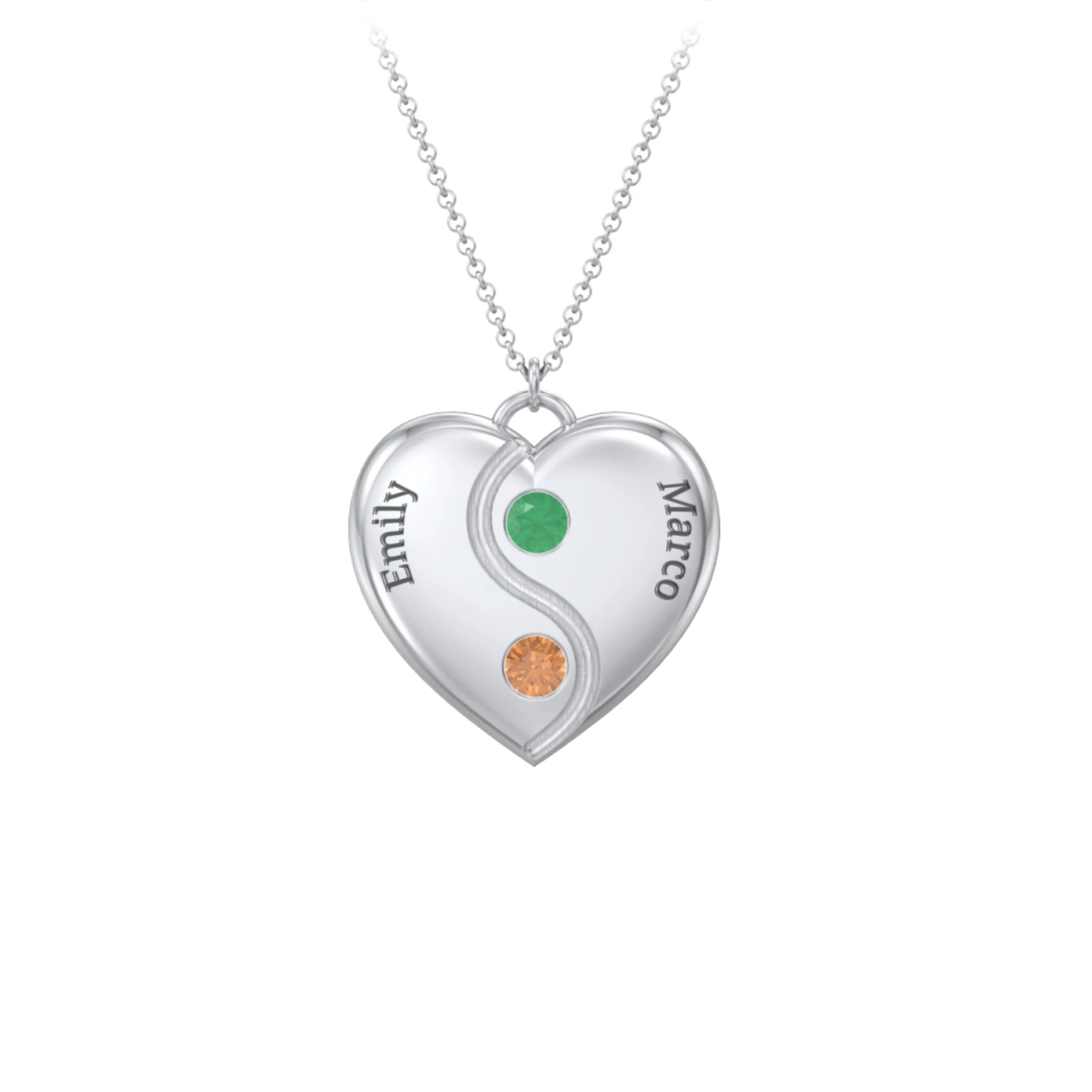 Engraved Yin Yang Heart Pendant with Birthstones