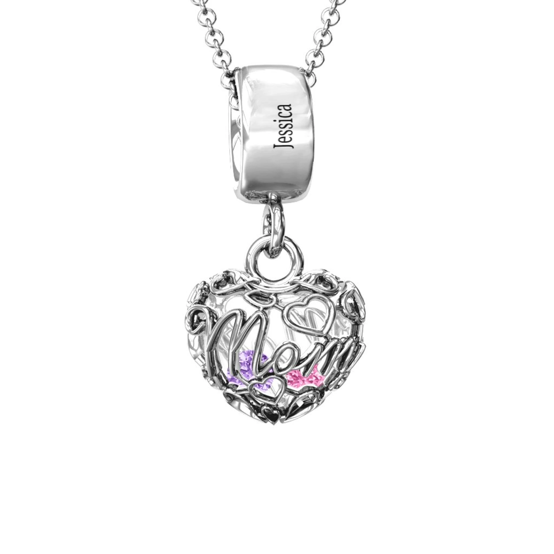 Engravable Mom Heart Cage Pendant with 2-4 Gemstones - view 1