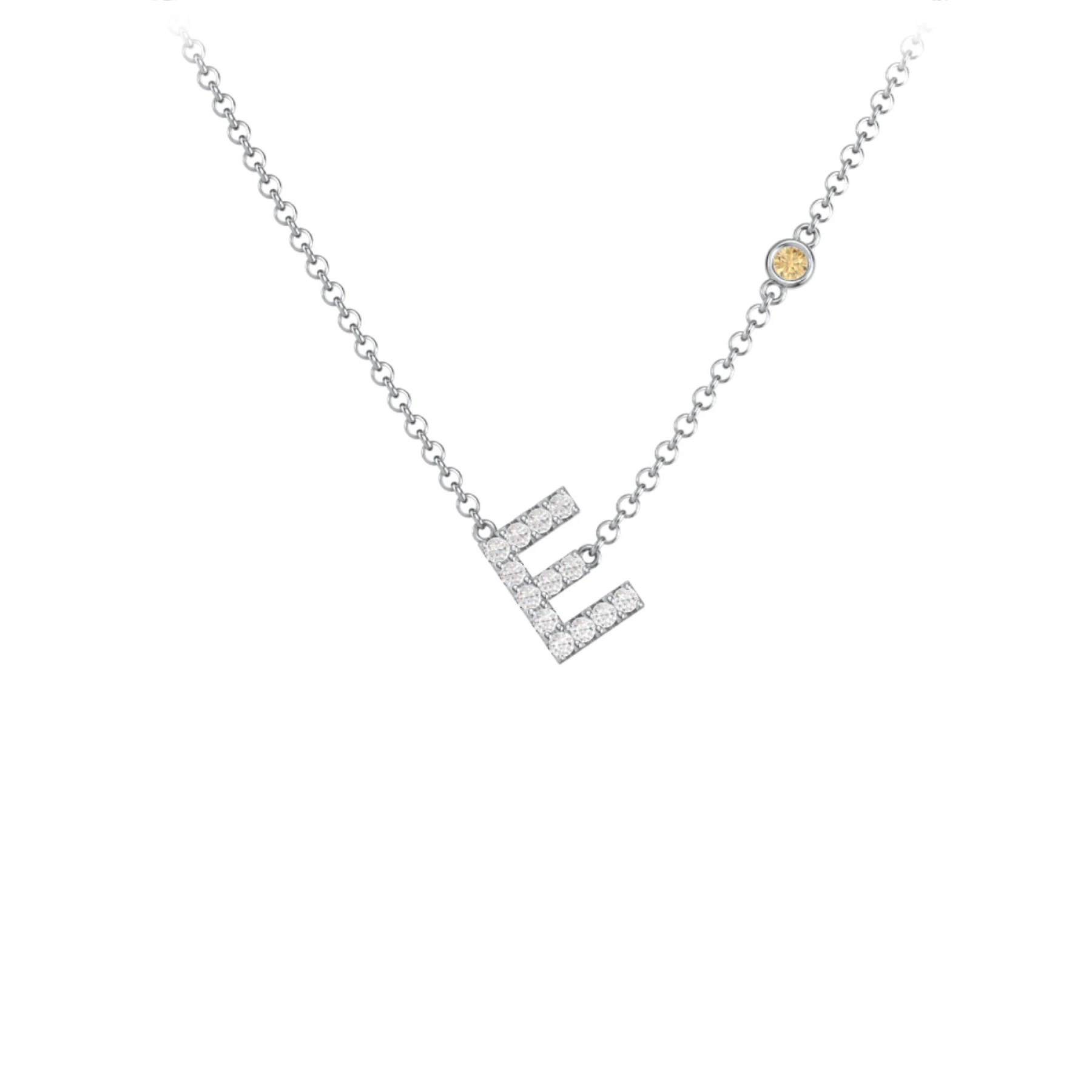 Pavé E Initial Necklace with Satellite Gemstone