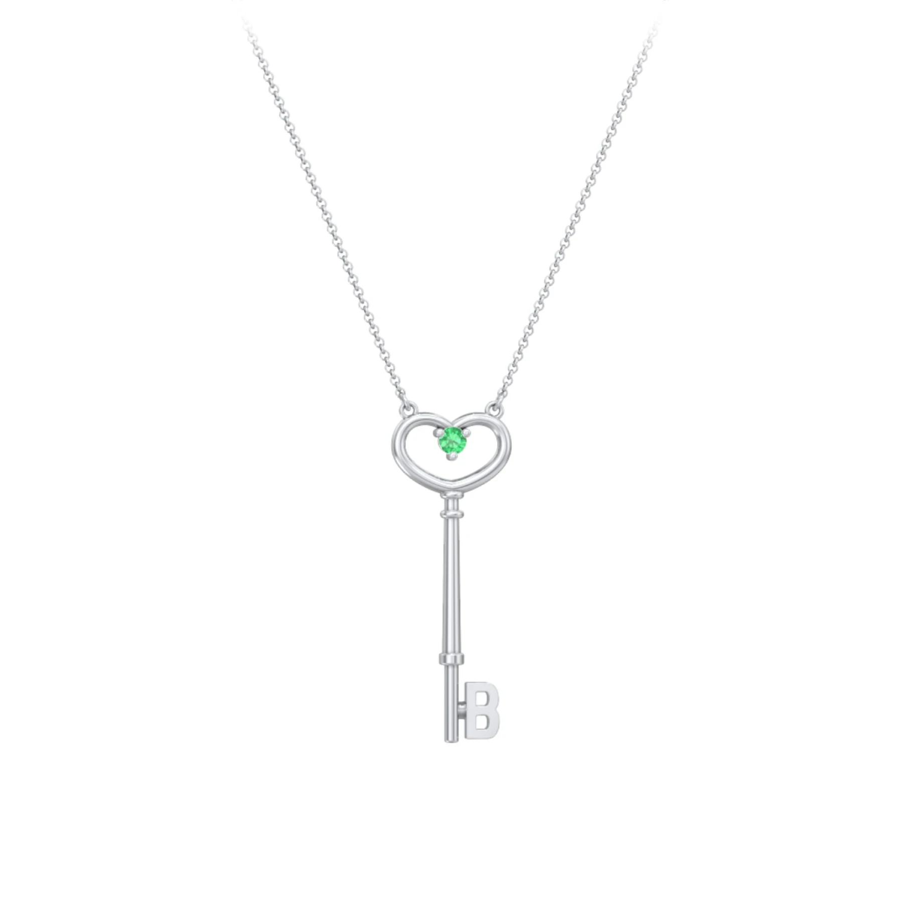 Initial Heart Key Necklace with Gemstone - B