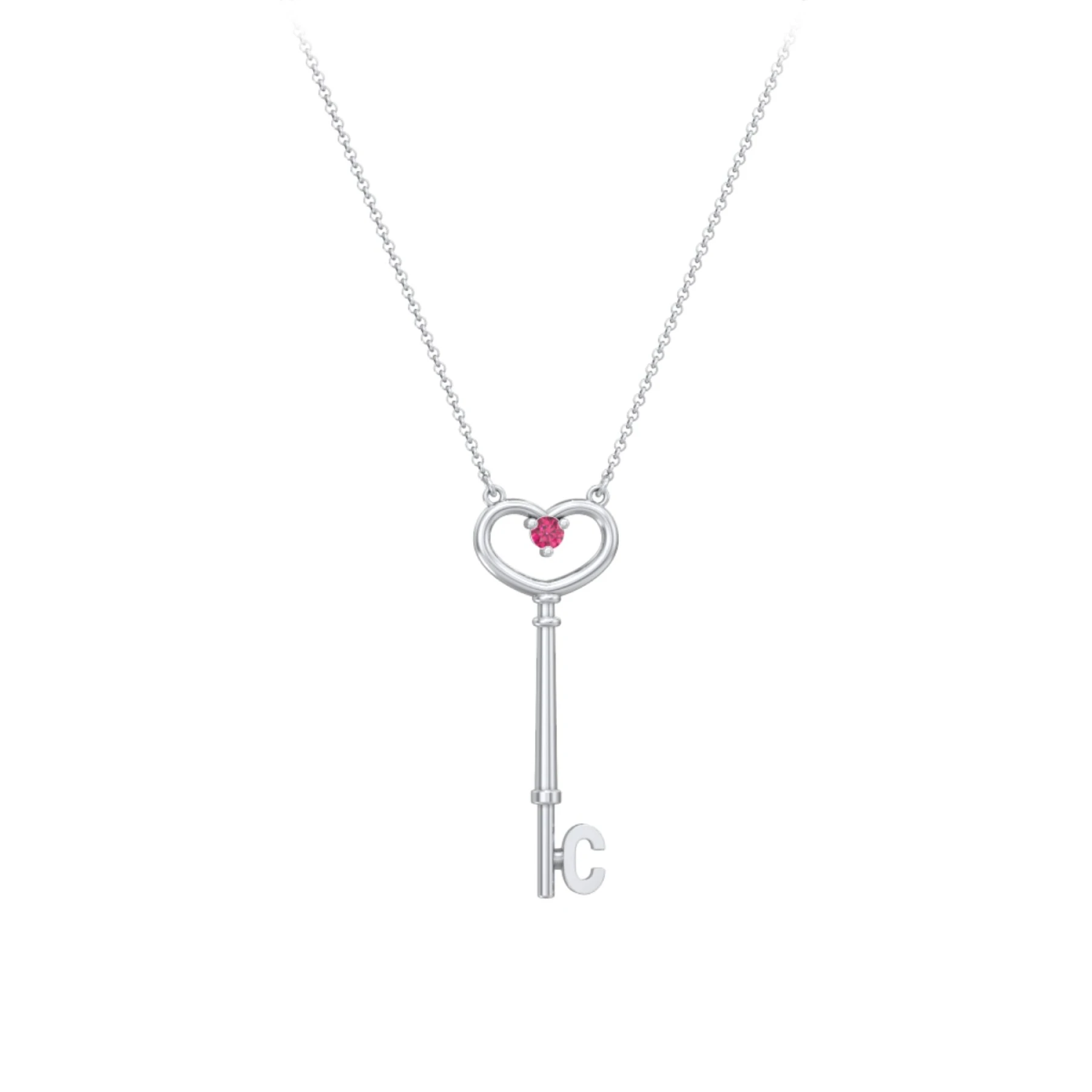 Initial Heart Key Necklace with Gemstone - C