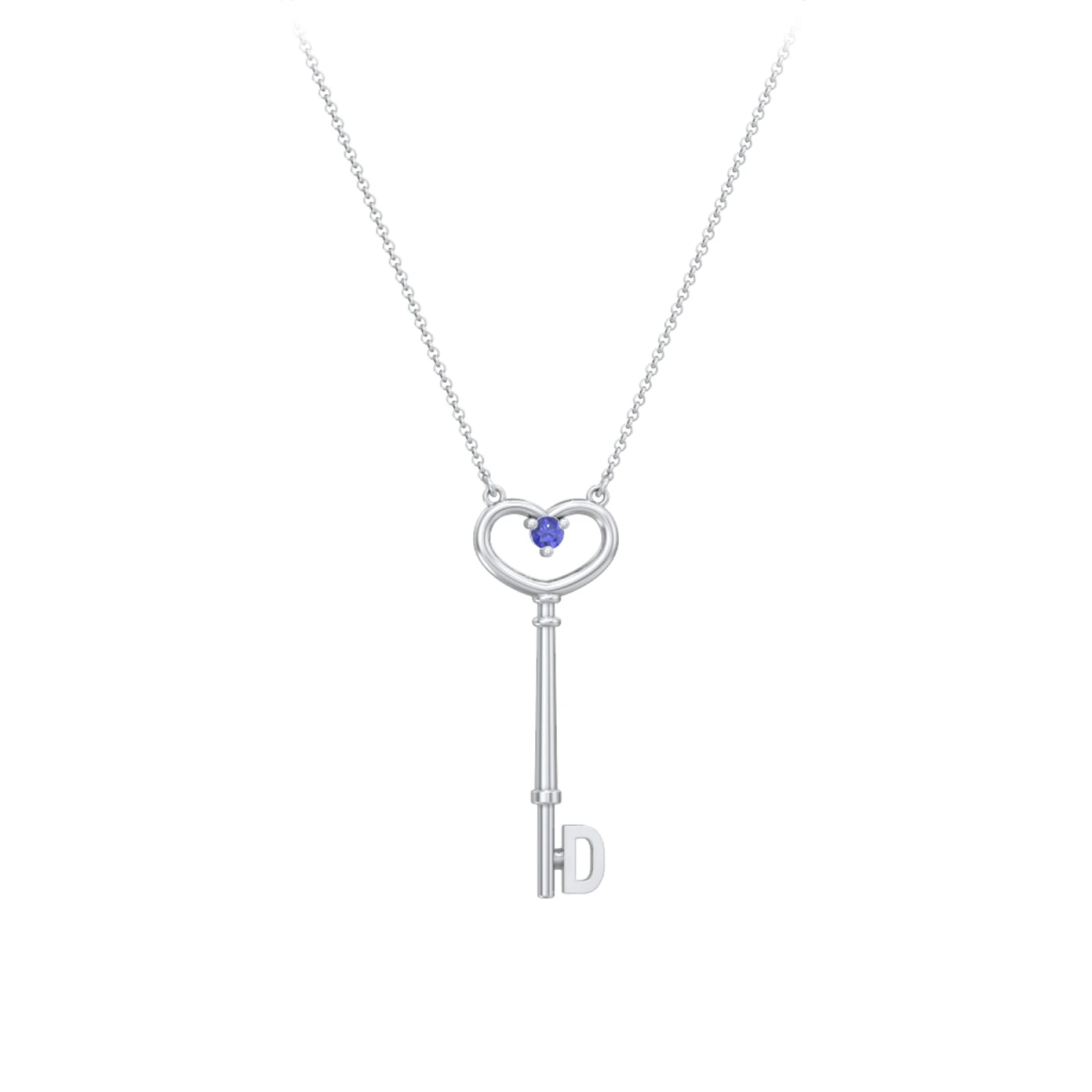 Initial Heart Key Necklace with Gemstone - D