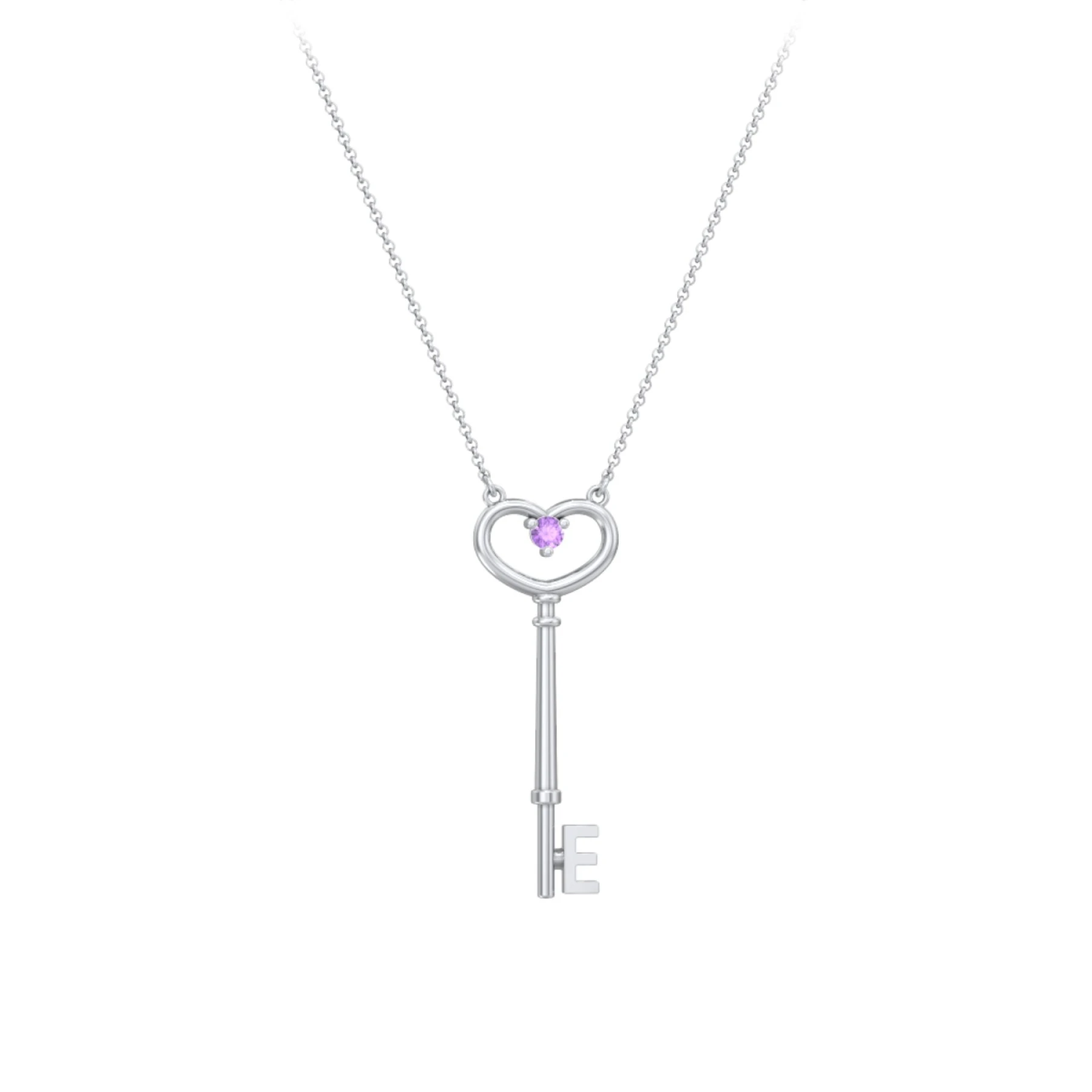Initial Heart Key Necklace with Gemstone - E