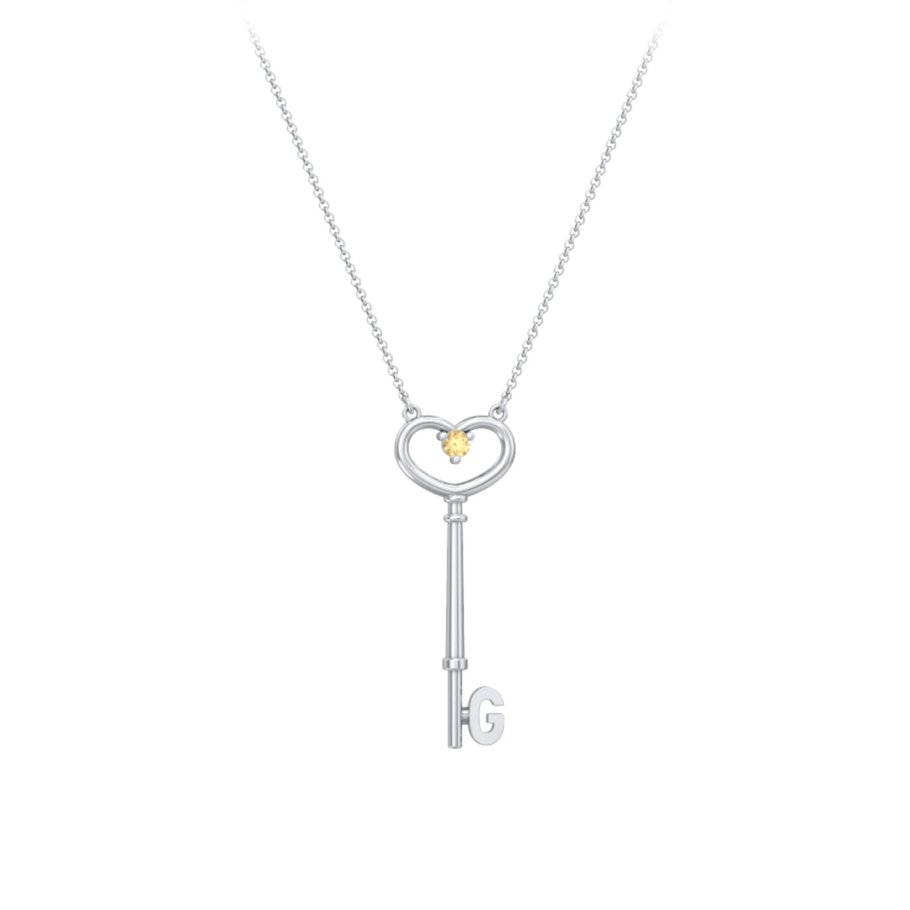 Initial Heart Key Necklace with Gemstone - G