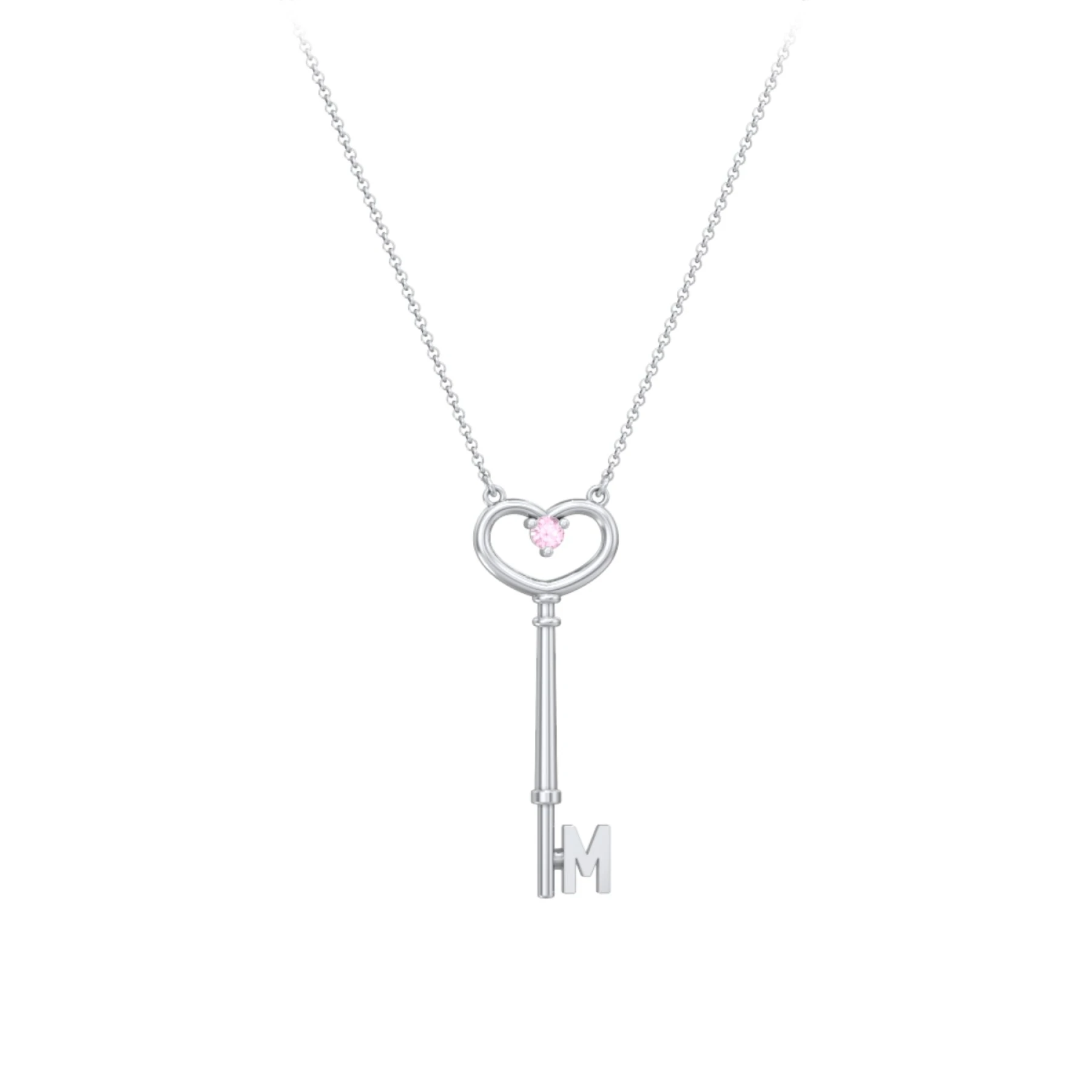 Initial Heart Key Necklace with Gemstone - M