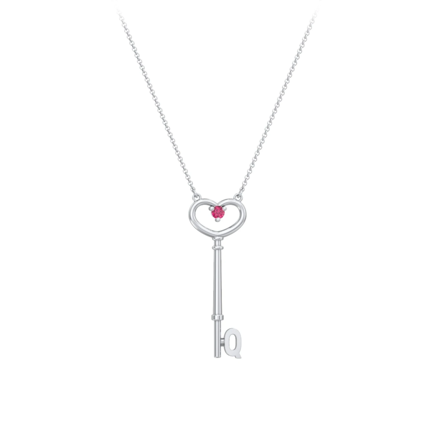 Initial Heart Key Necklace with Gemstone - Q