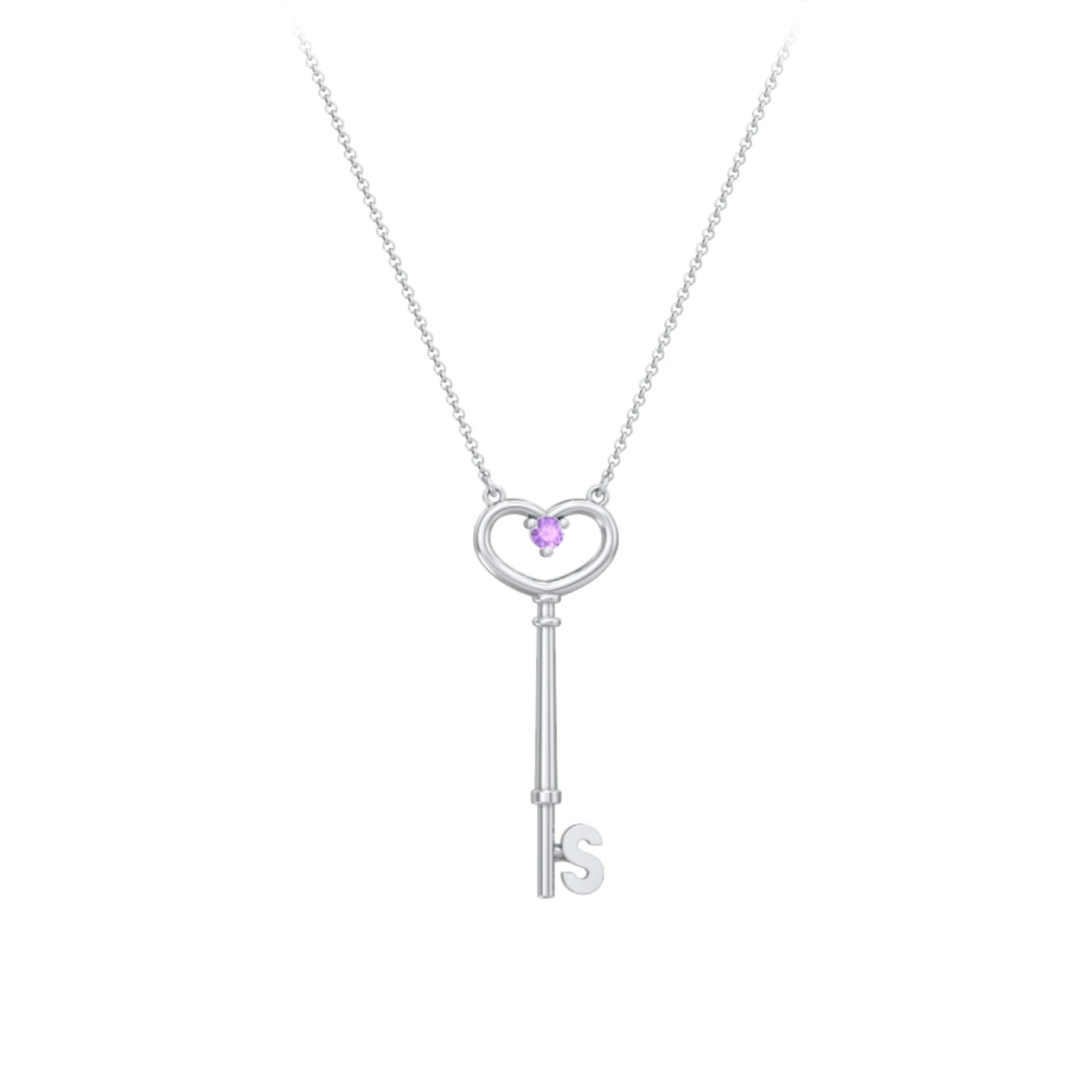 Initial Heart Key Necklace with Gemstone - S