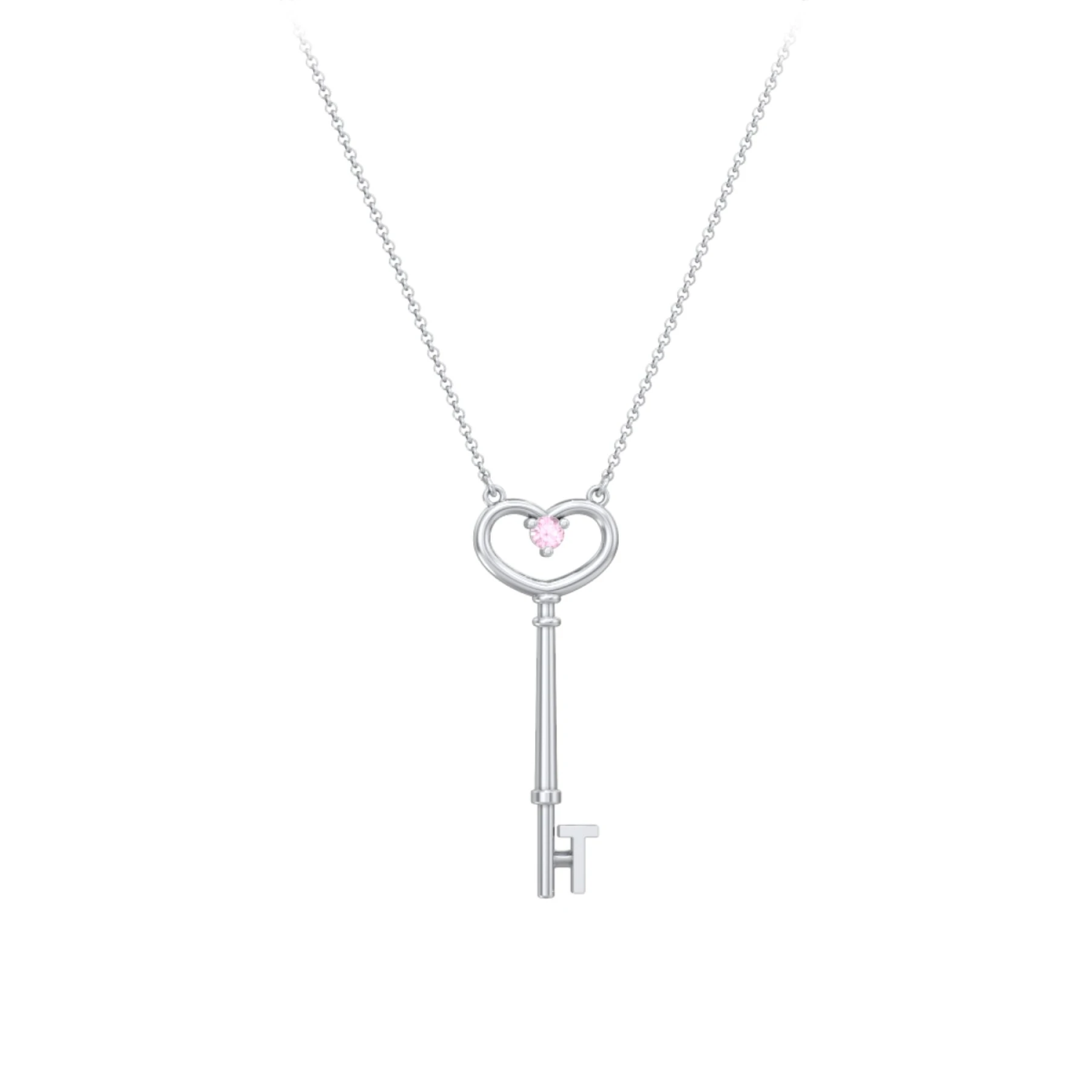 Initial Heart Key Necklace with Gemstone - T
