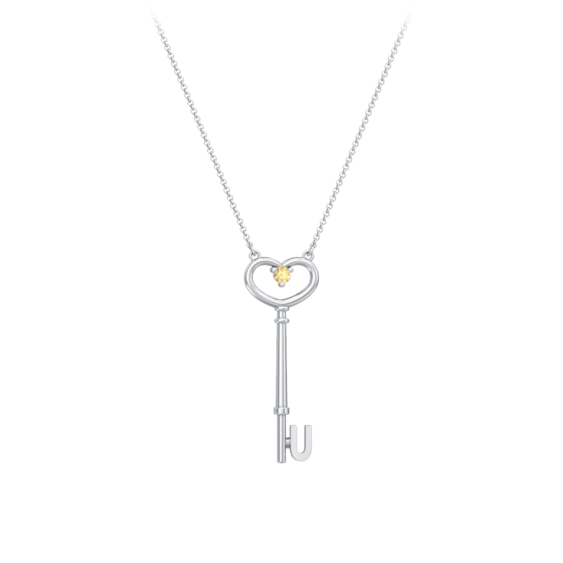 Initial Heart Key Necklace with Gemstone - U