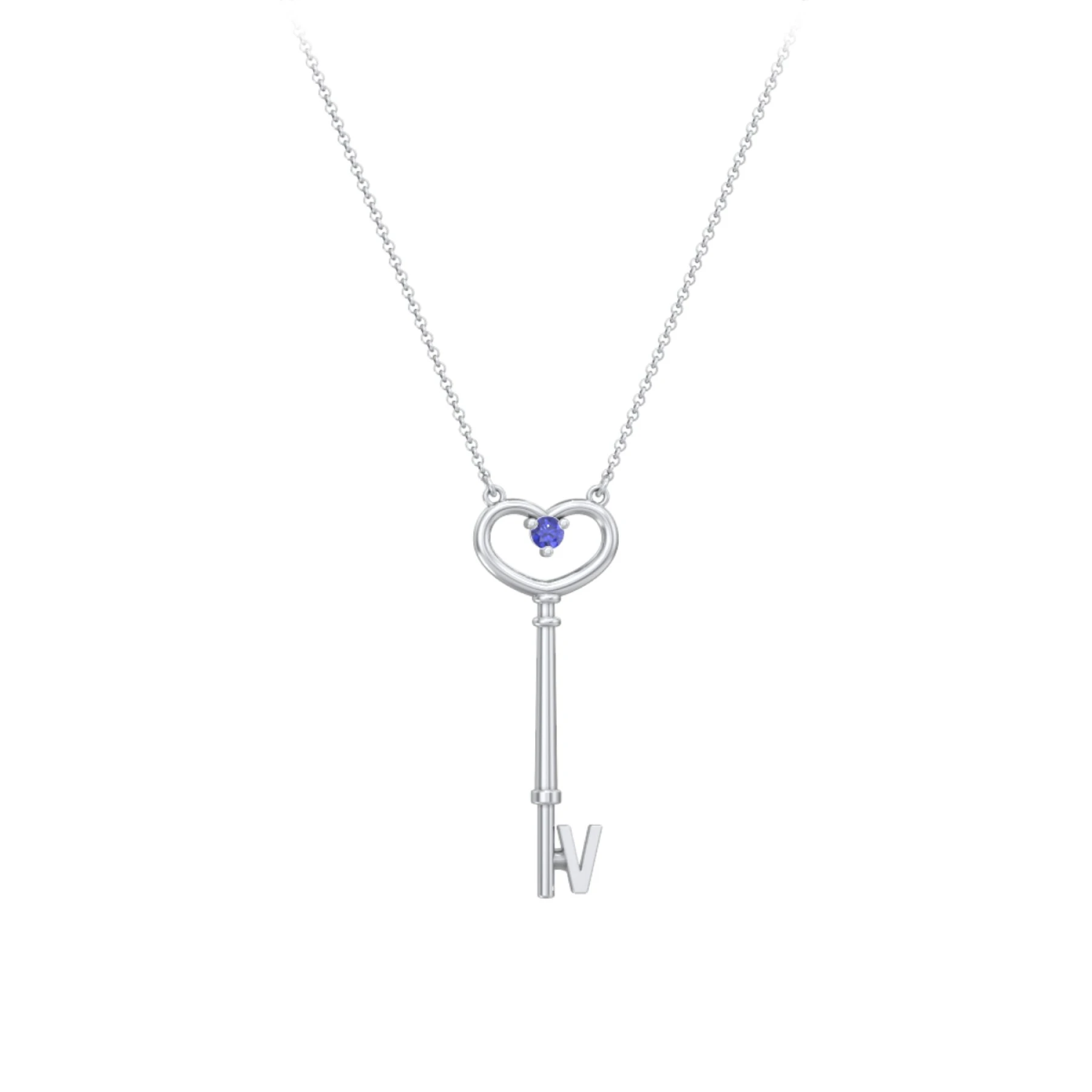 Initial Heart Key Necklace with Gemstone - V