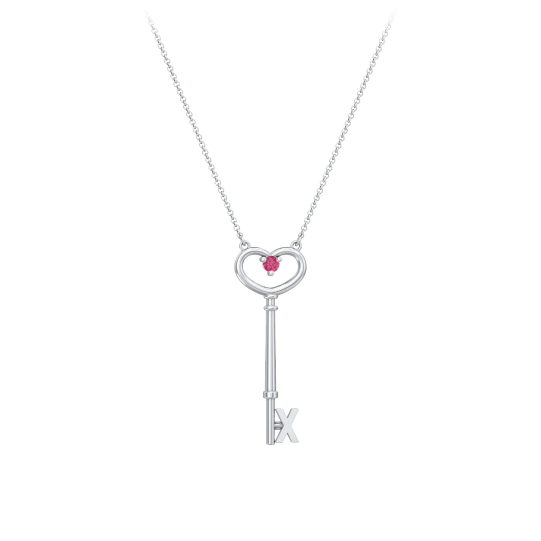 Initial Heart Key Necklace with Gemstone - X