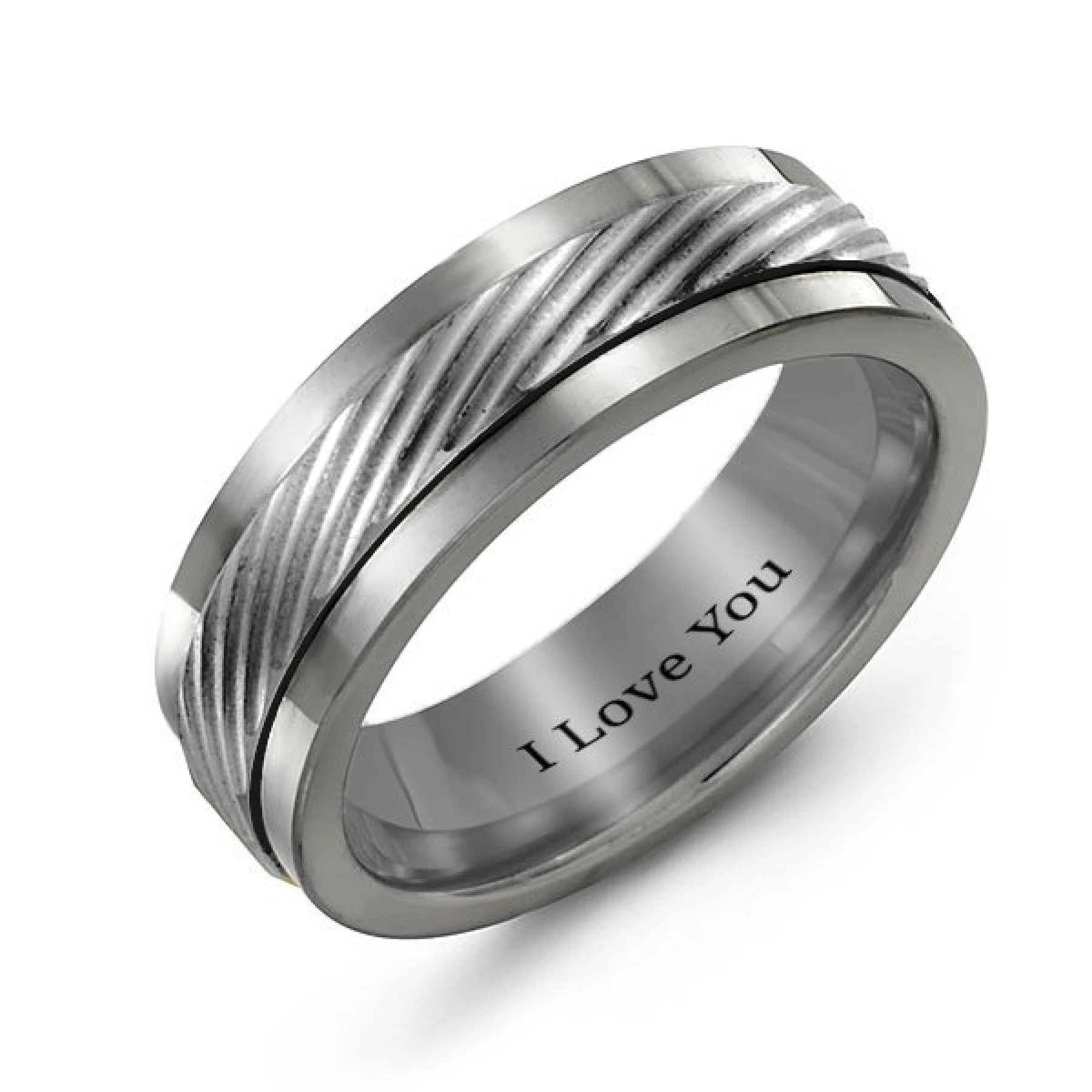Men's Polished Tungsten Ring with Detailed Center Band