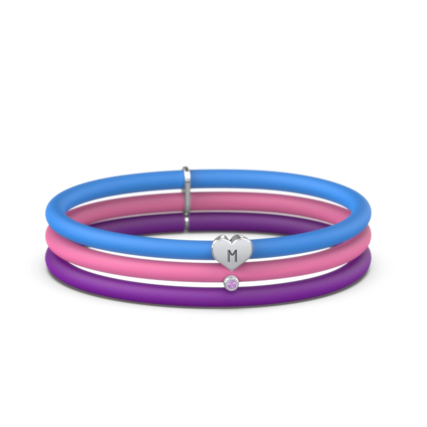 Engravable Heart and Birthstone Charm Silicone Bracelet Set - Double Style