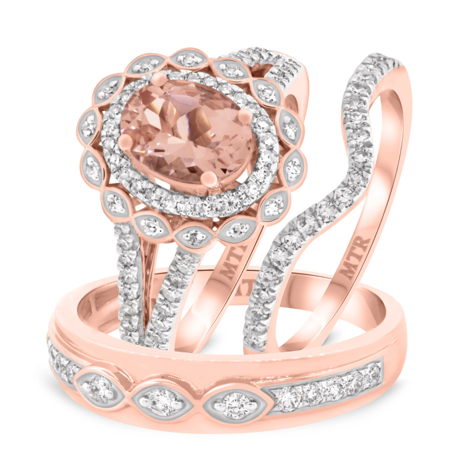 Coral 1 3/4 CT. T.W. Morganite and Diamond Trio Matching Wedding Ring Set
