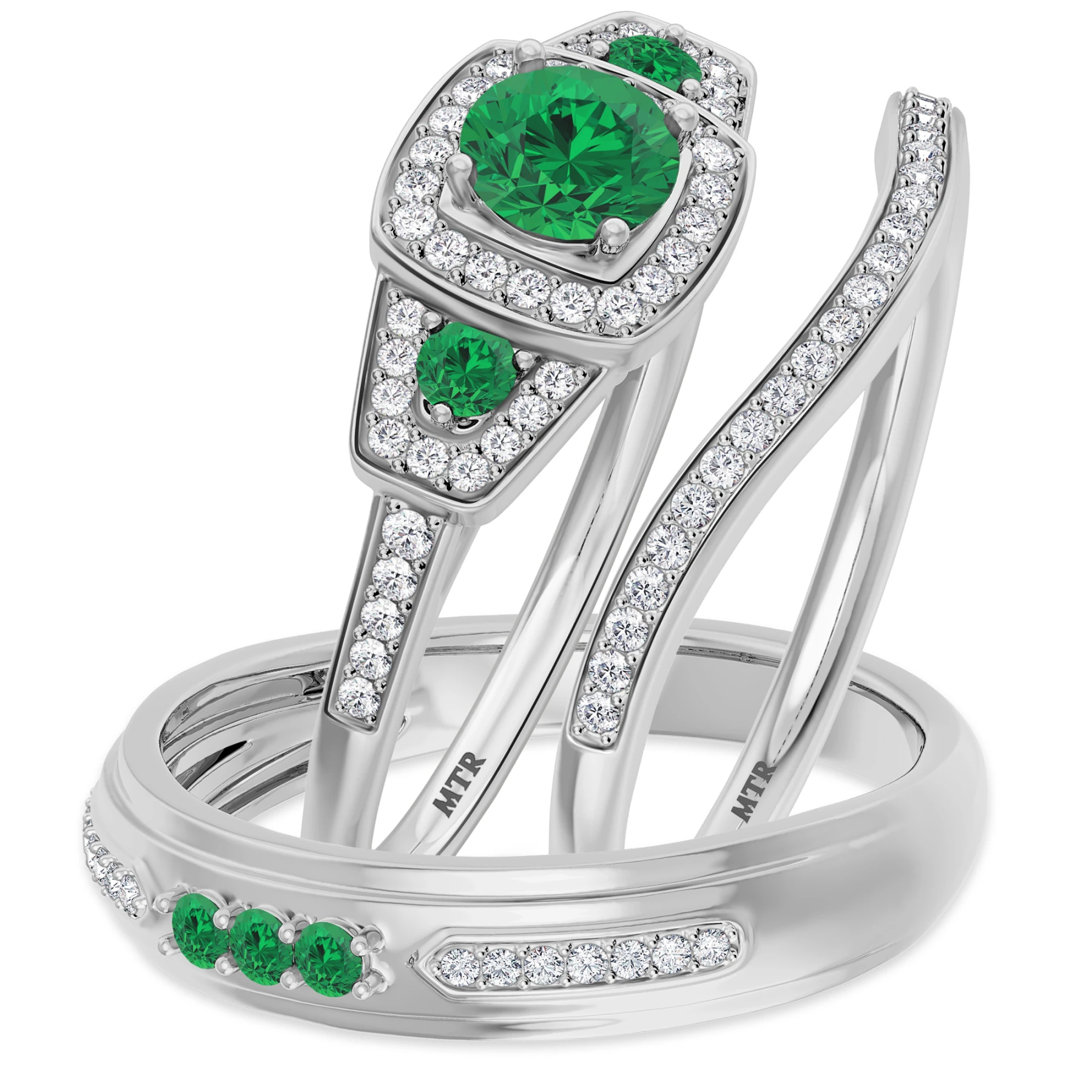 Diantha 1 1/4 Carat T.W. Emerald and Diamond Matching Wedding Trio Set 14K White Gold Vermeil - view 1
