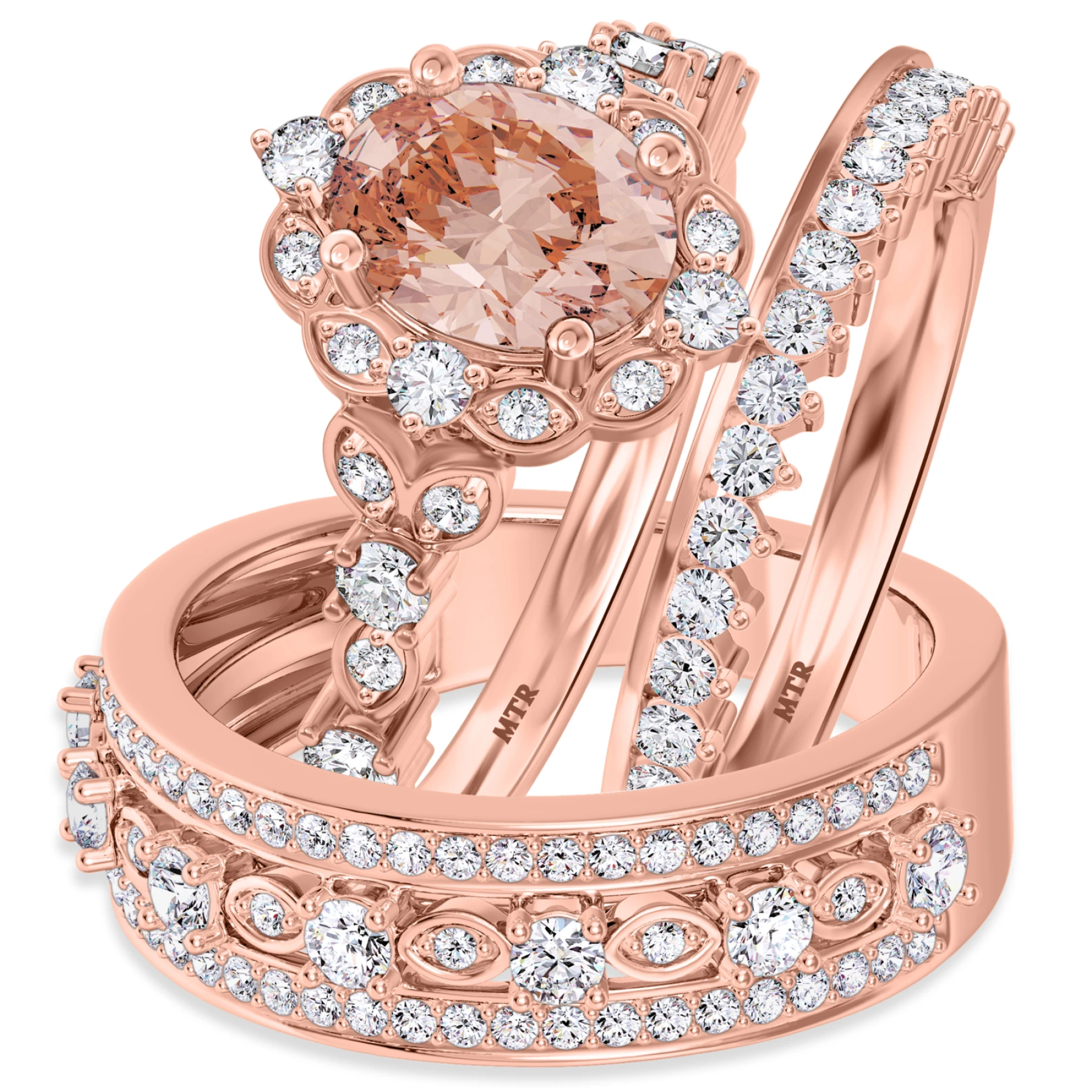 Bria 2 7/8 CT. T.W. Morganite and Diamond Trio Matching Wedding Ring Set