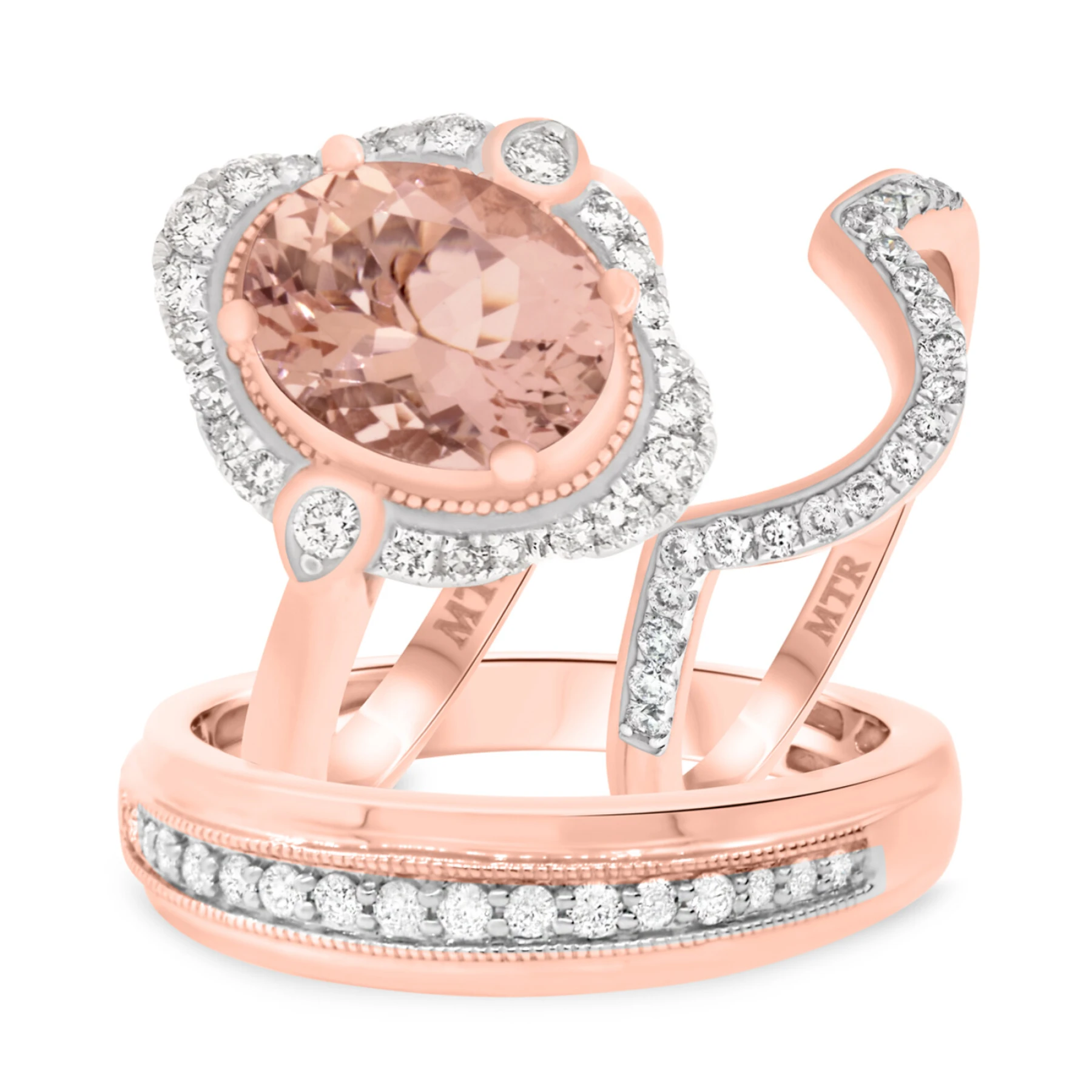 Camellia 2 3/4 CT. T.W. Morganite and Diamond Trio Matching Wedding Ring Set