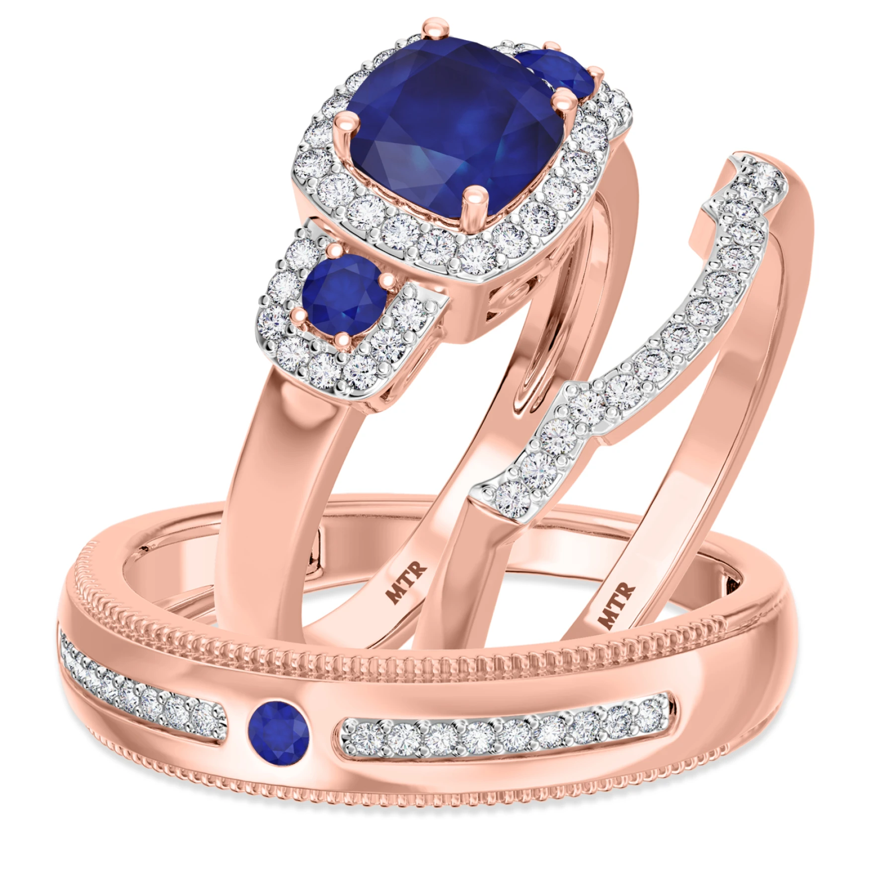 Kalina 1 3/4 CT. T.W. Sapphire and Diamond Trio Matching Wedding Ring Set - view 1