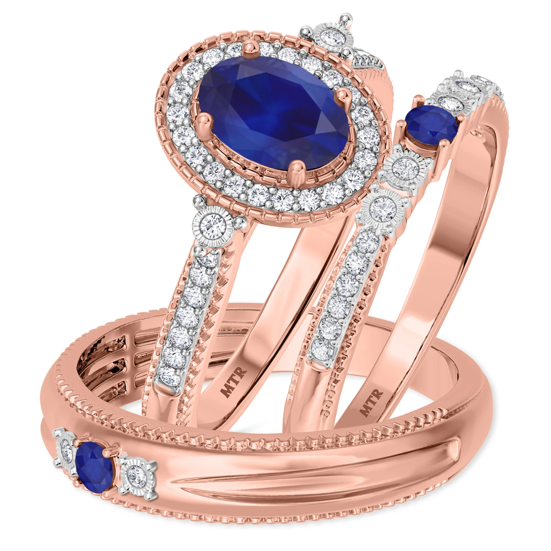 Magnol 1 1/10 CT. T.W. Sapphire and Diamond Trio Matching Wedding Ring Set - view 1