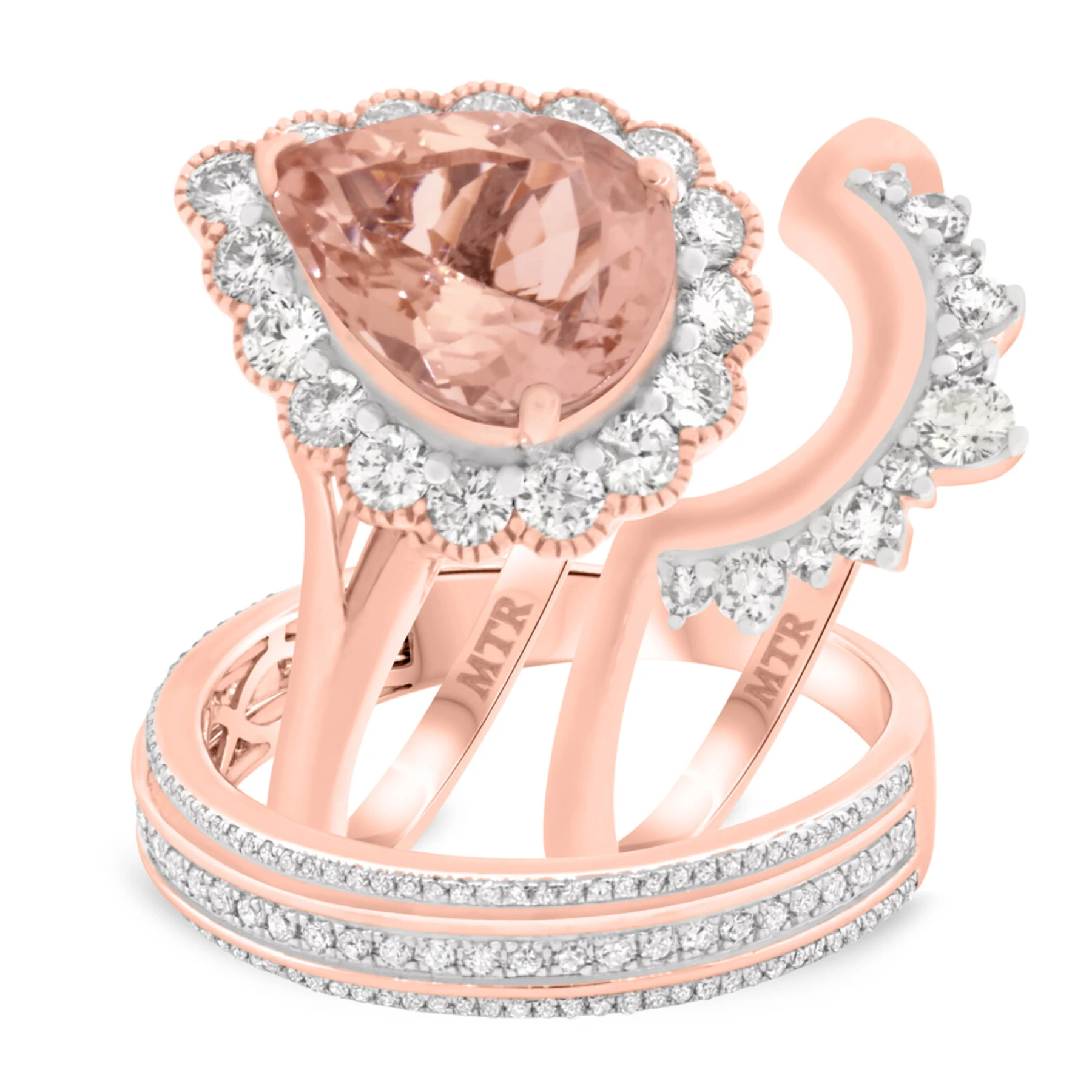 Lotus 3 Carat T.W. Morganite and Diamond Trio Matching Wedding Ring Set