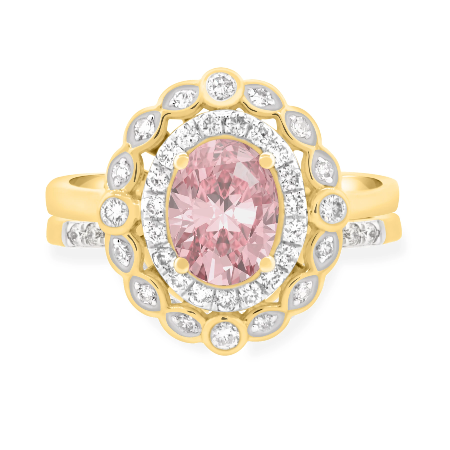 Nea 1 1/2 CT. T.W. Morganite and Diamond Matching Bridal Set 14K Yellow Gold